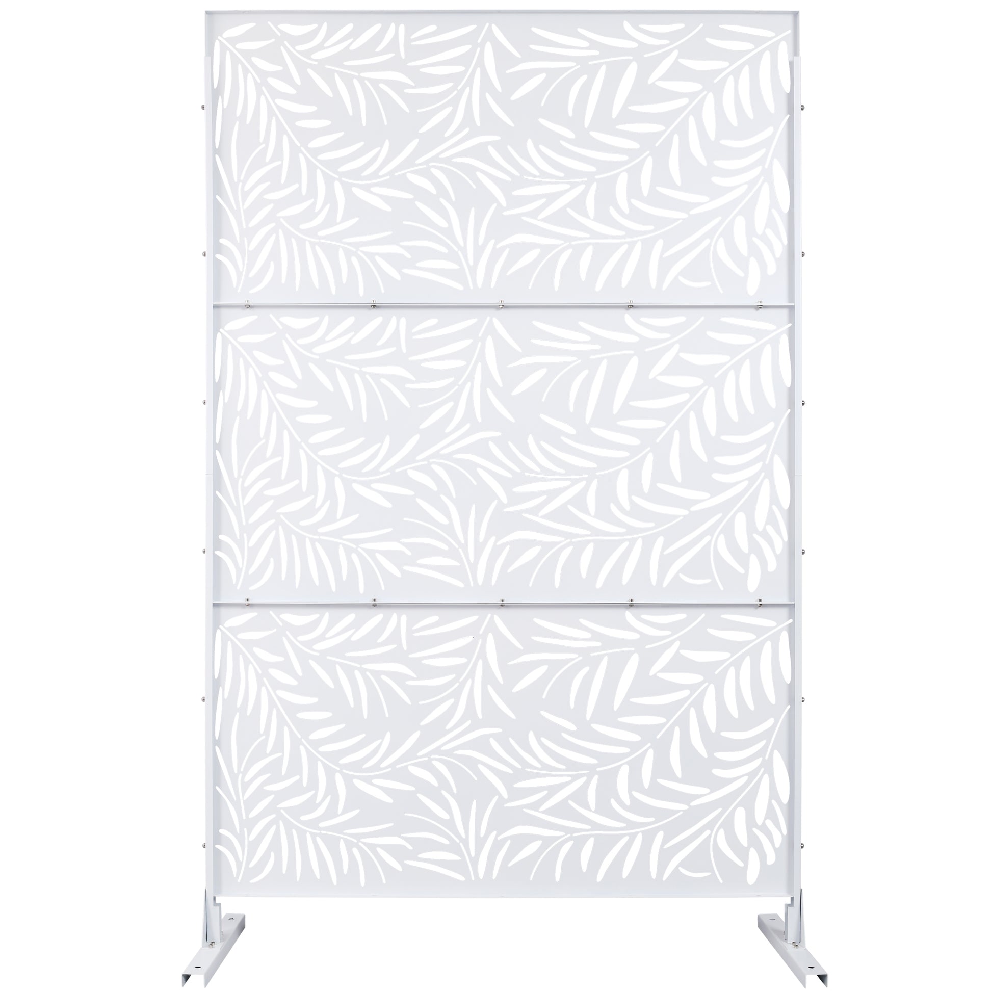White metal garden screen with a delicate leaf pattern for outdoor privacy