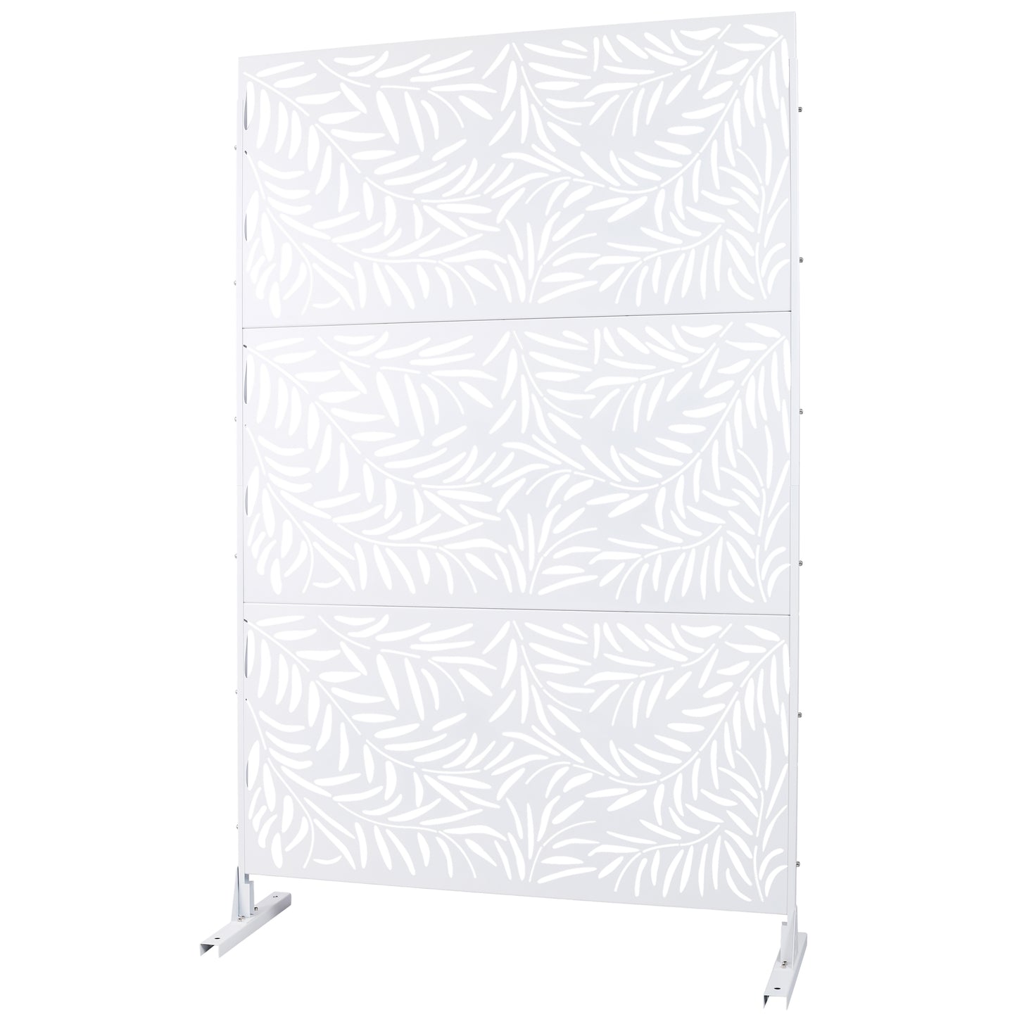 White metal garden screen with decorative leaf pattern and freestanding base