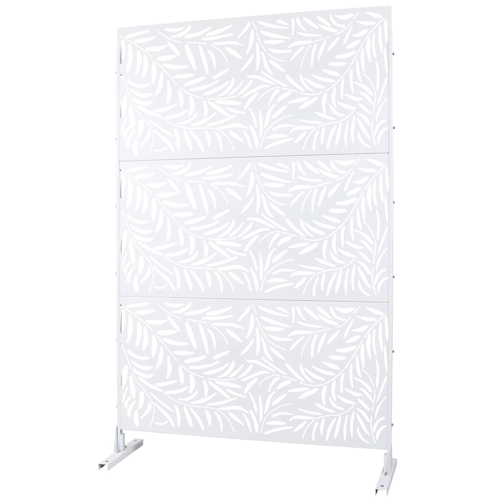 White metal garden screen with decorative leaf pattern and freestanding base