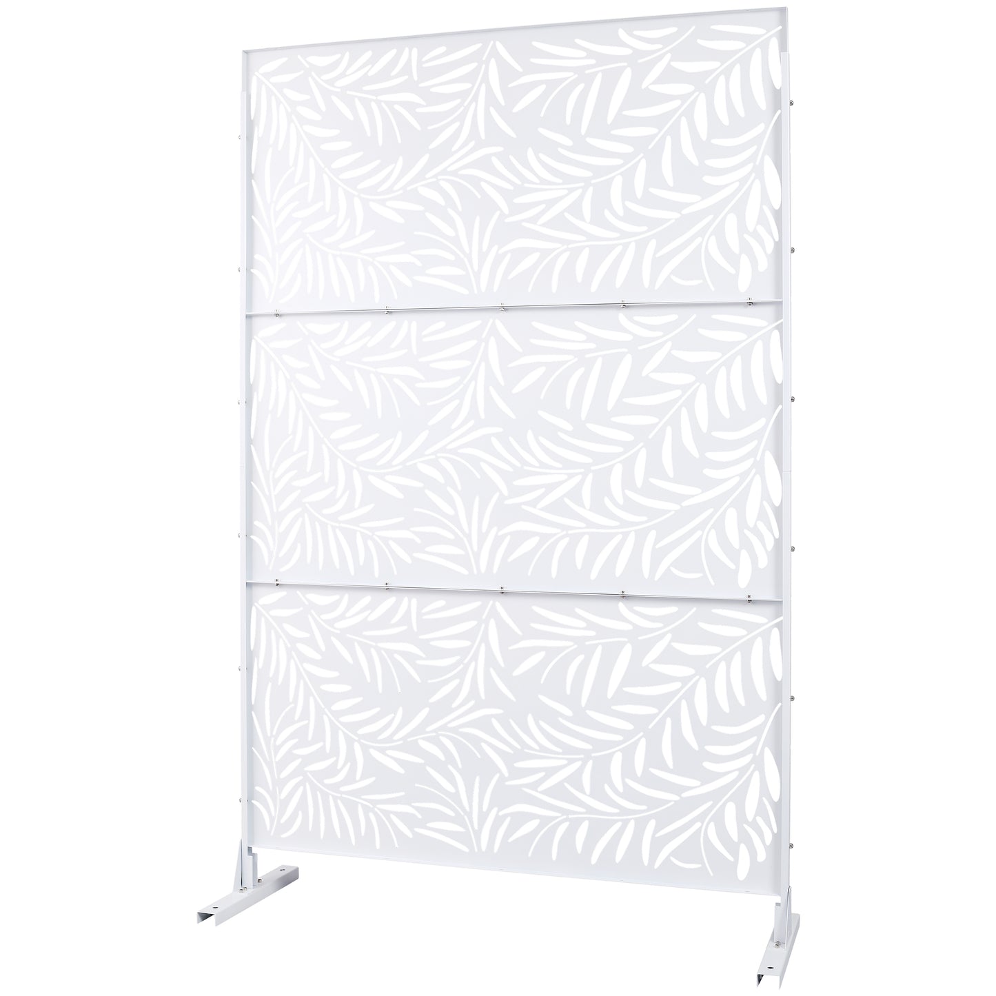 White metal privacy screen with delicate leaf cutouts ideal for garden decor