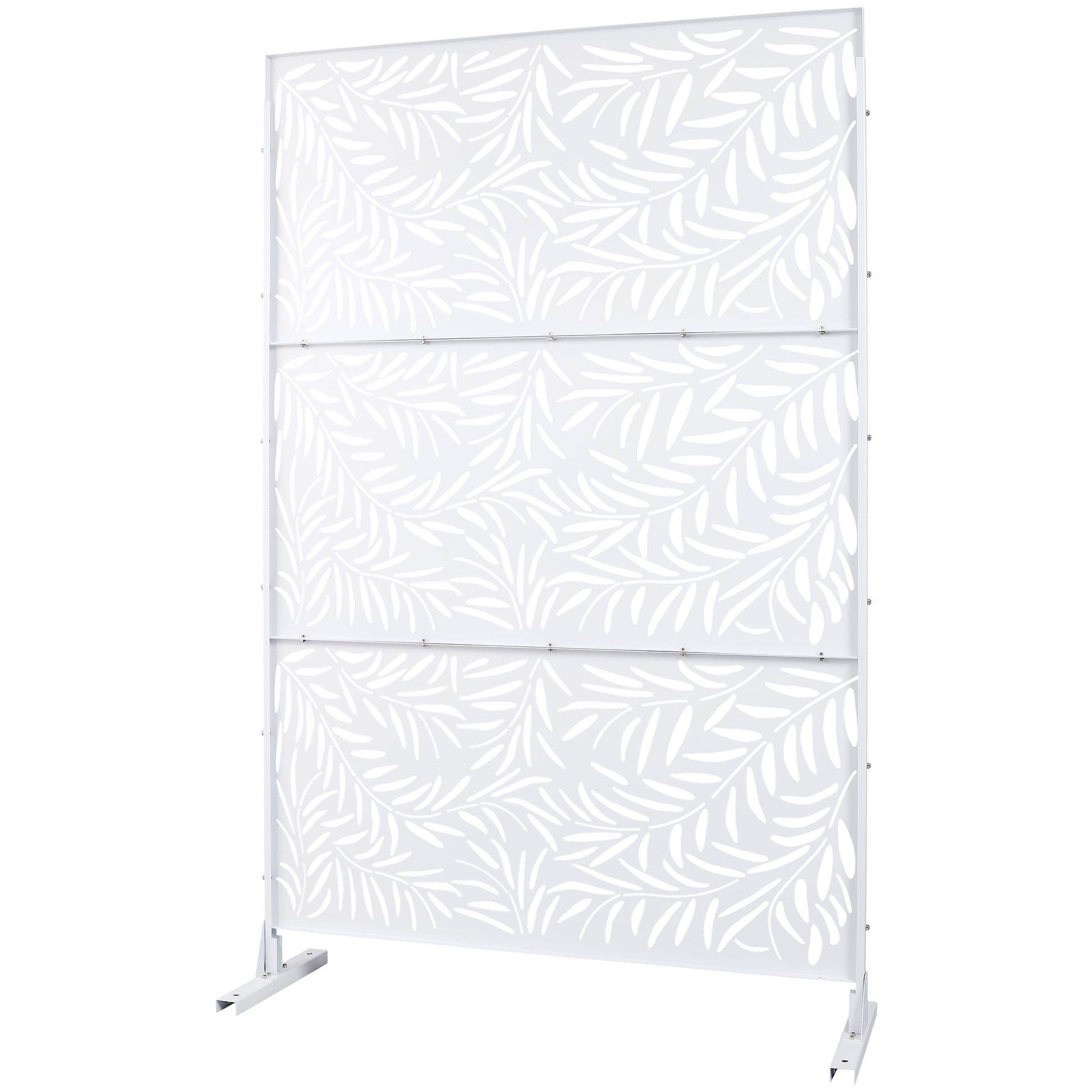 White metal privacy screen with delicate leaf cutouts ideal for garden decor