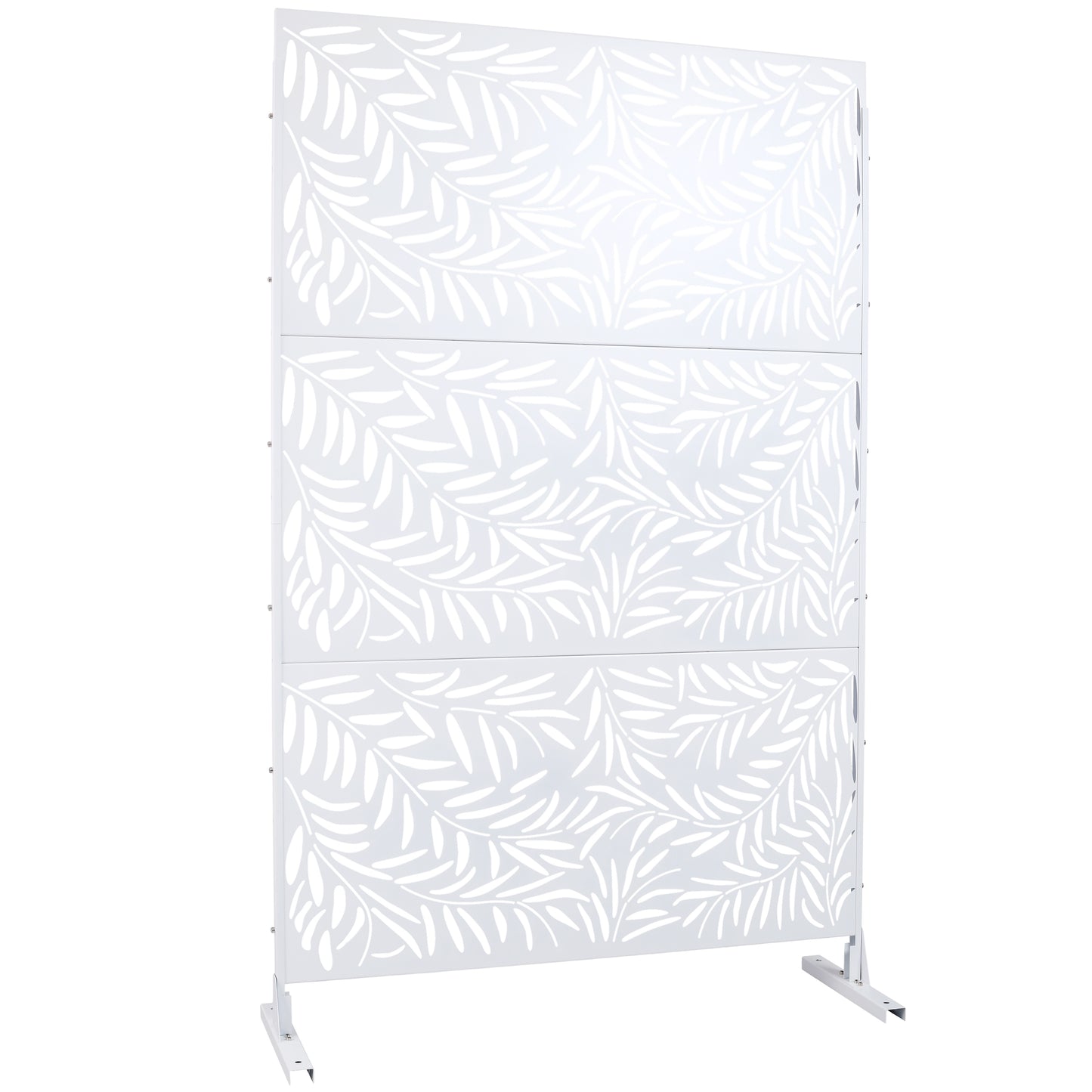White metal garden screen with delicate leaf cutouts perfect for outdoor privacy