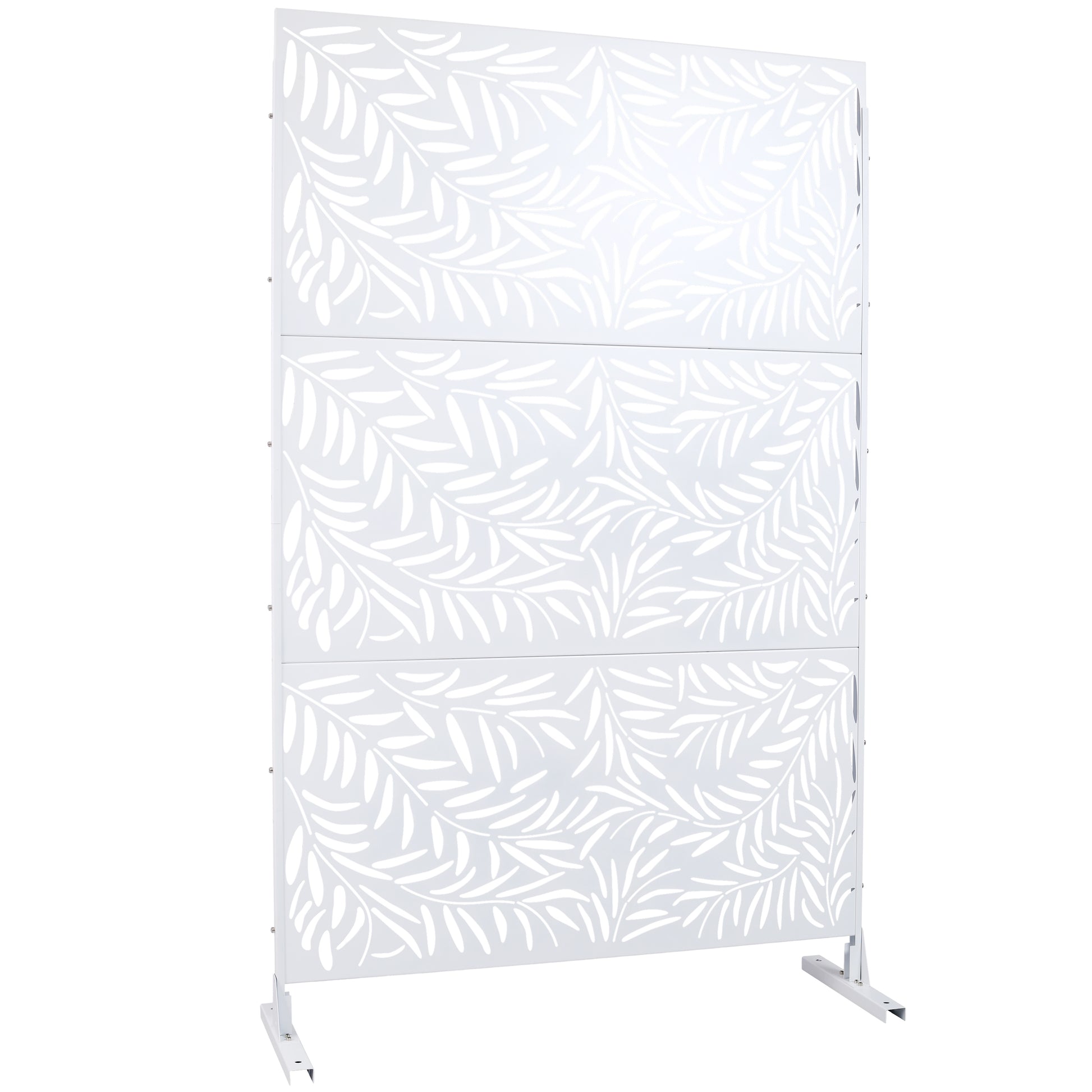 White metal garden screen with delicate leaf cutouts perfect for outdoor privacy