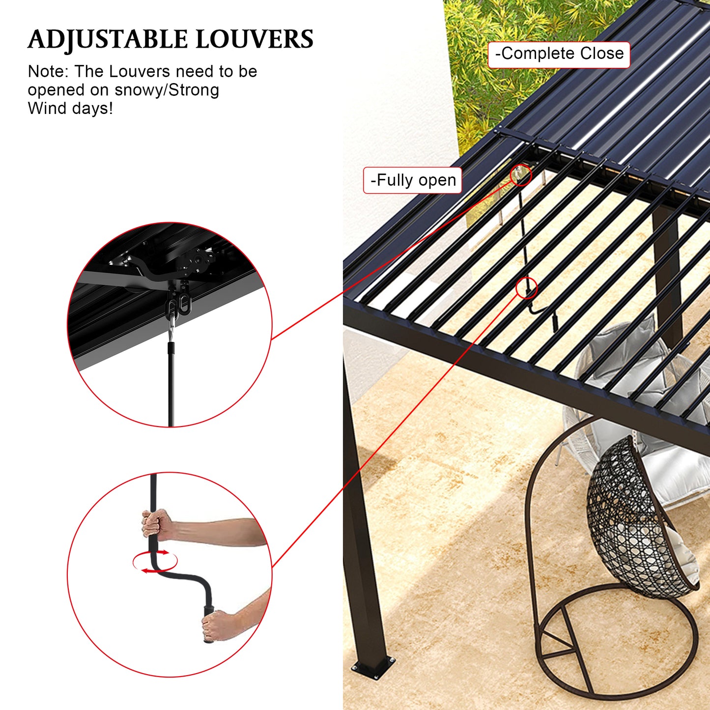 Black metal pergola with adjustable louvers showing crank mechanism for openclose
