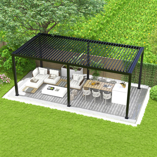 Modern black louvered pergola covering a patio with outdoor furniture