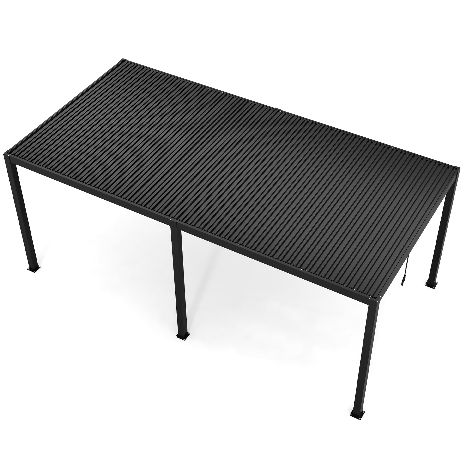 Modern black metal patio table with ribbed surface for outdoor dining