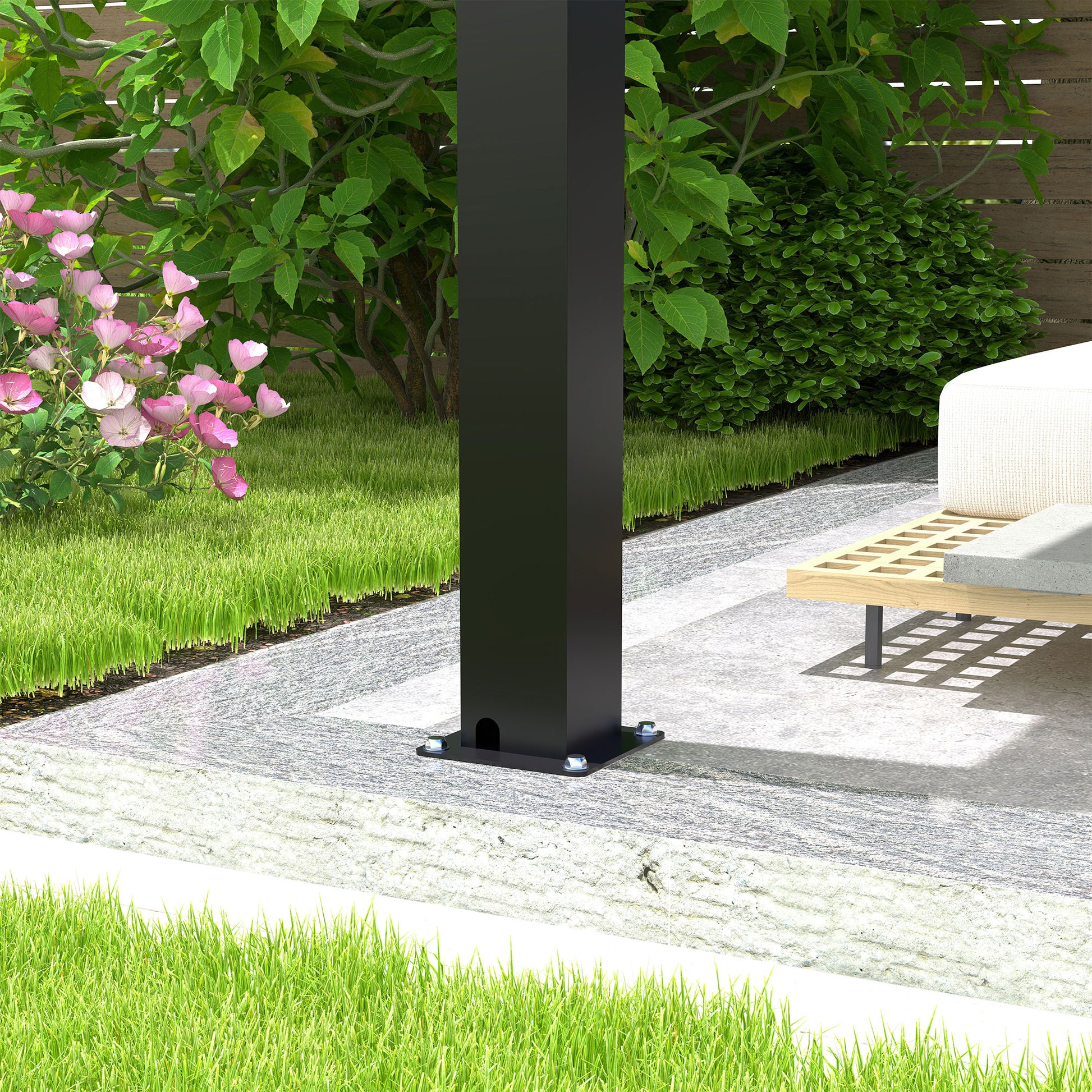 Black aluminum pergola post with mounting hardware on concrete patio