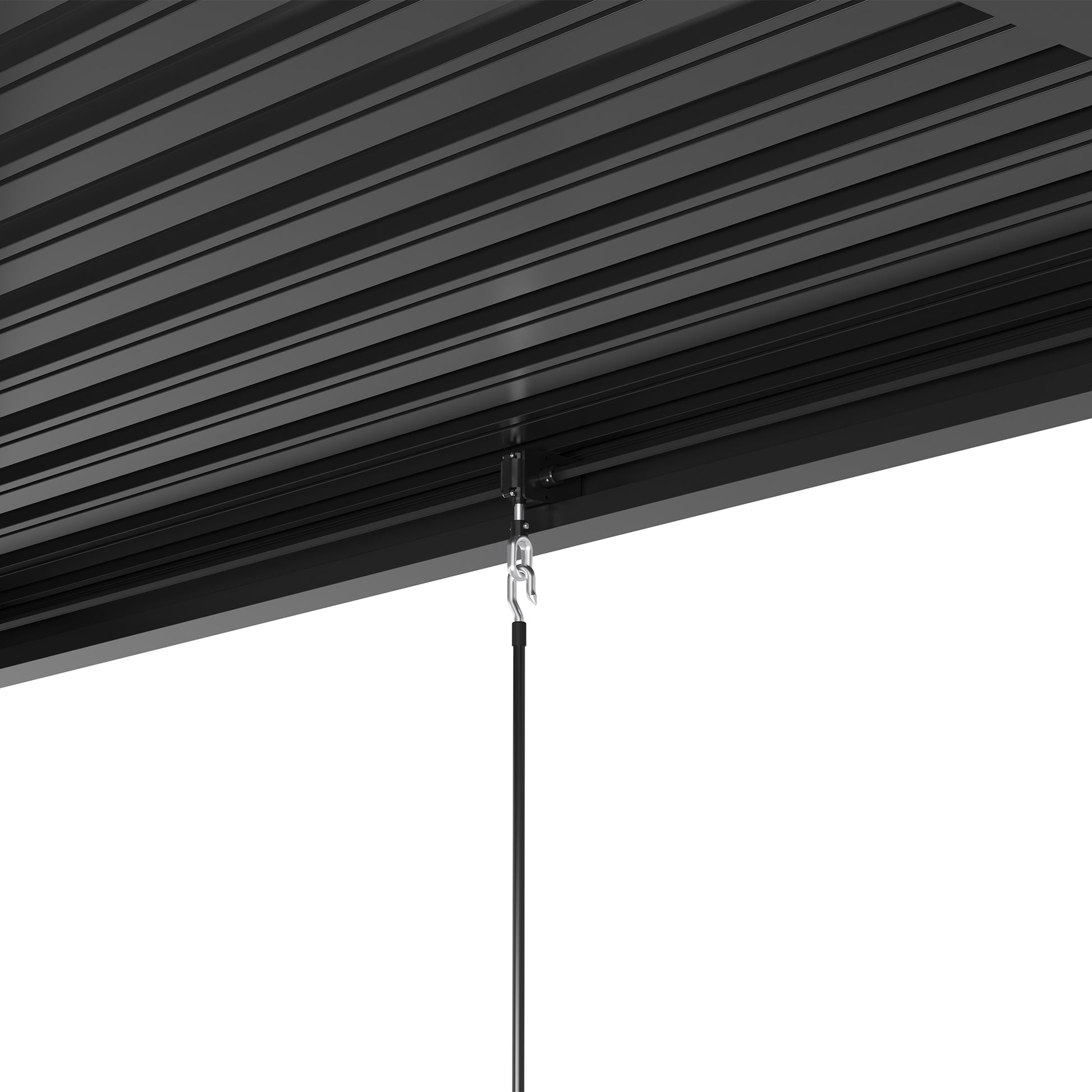 Black pergola slat ceiling detail with hanging hook and cord