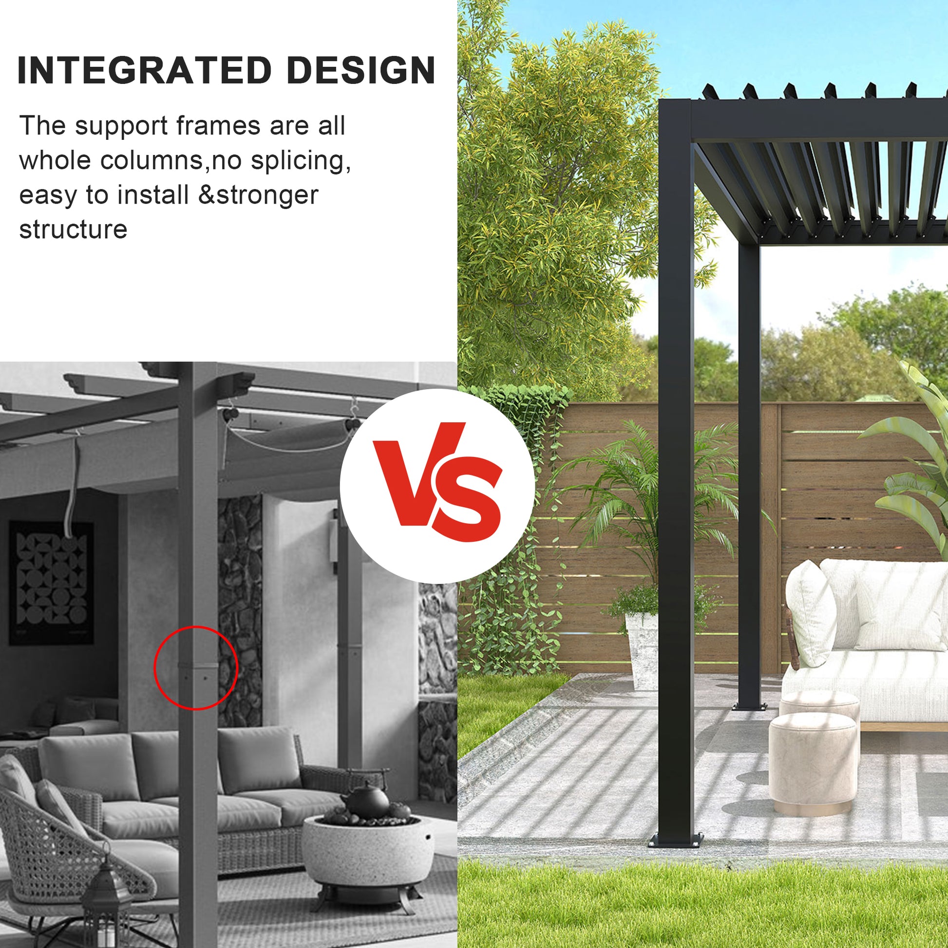 Modern black aluminum pergola with slatted roof in a backyard setting
