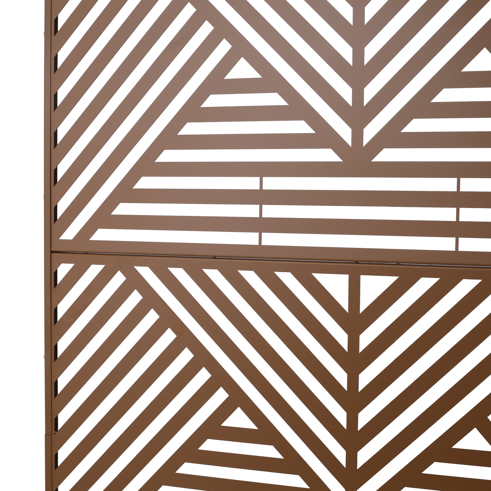 Bronze metal garden screen with geometric whitelined abstract pattern