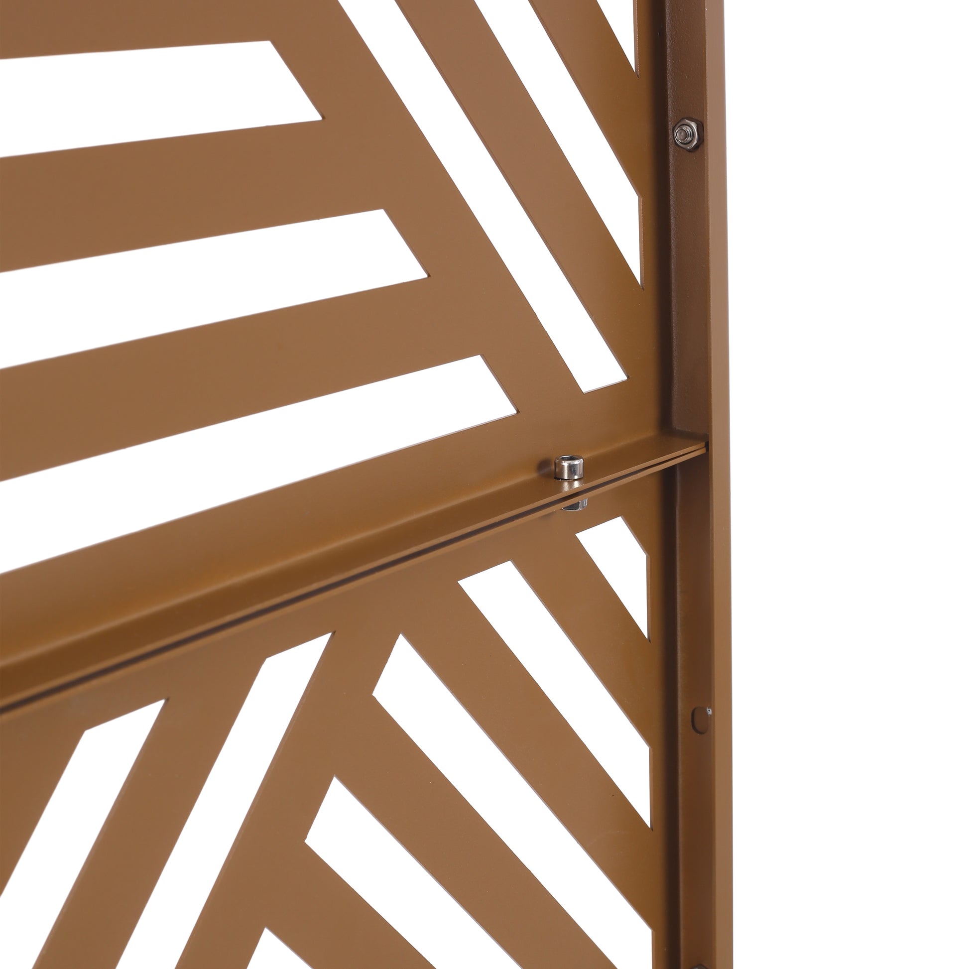Bronze metal garden screen panel with geometric cutouts ideal for outdoor privacy