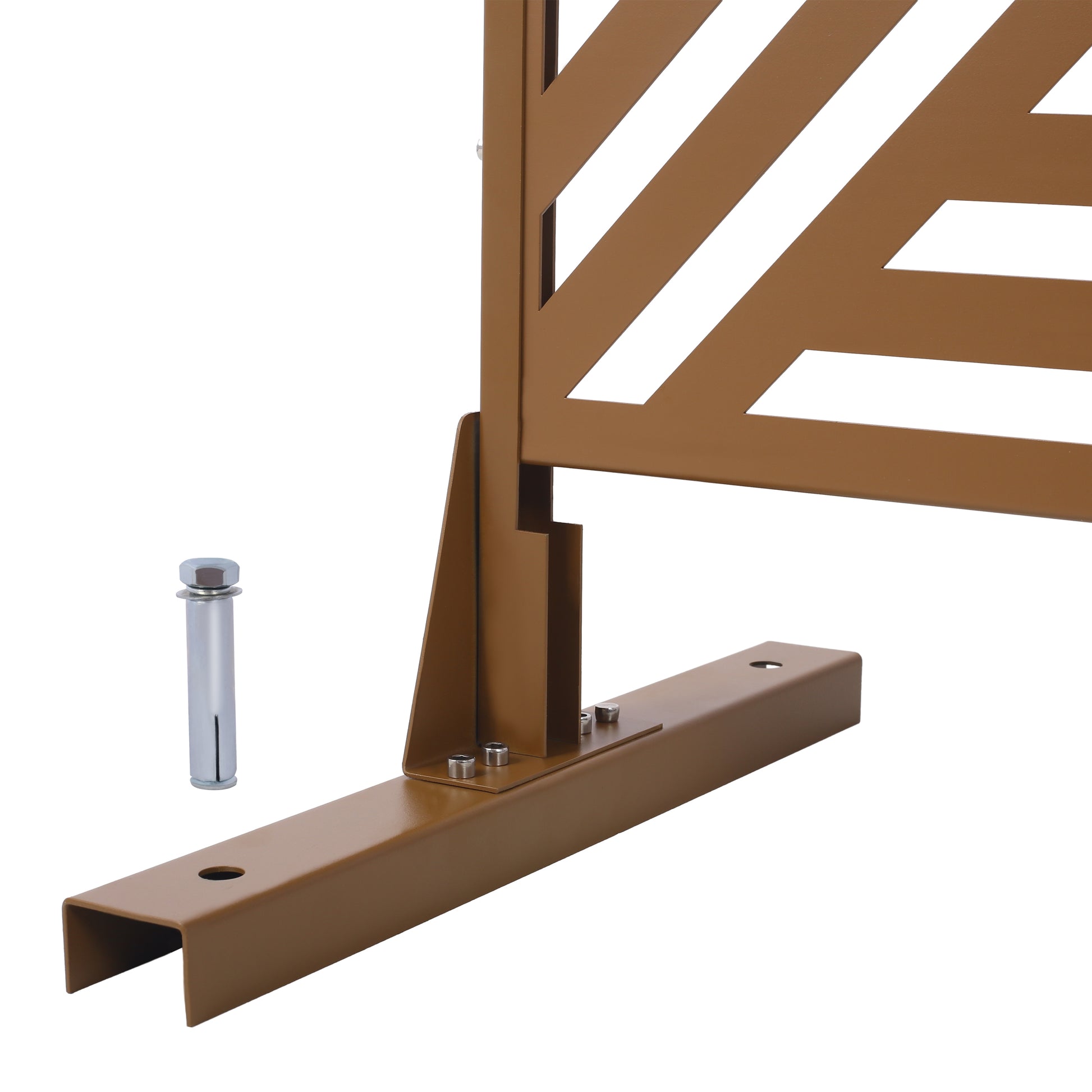 Bronze metal fence panel with diagonal cutouts and base mounting hardware