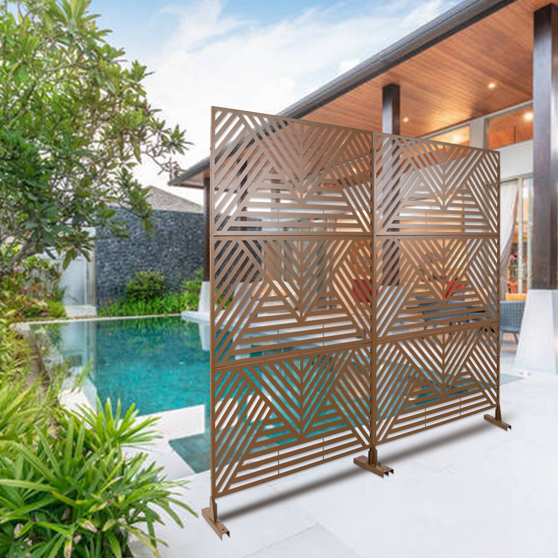 Bronze outdoor decorative screen with geometric pattern ideal for patio privacy
