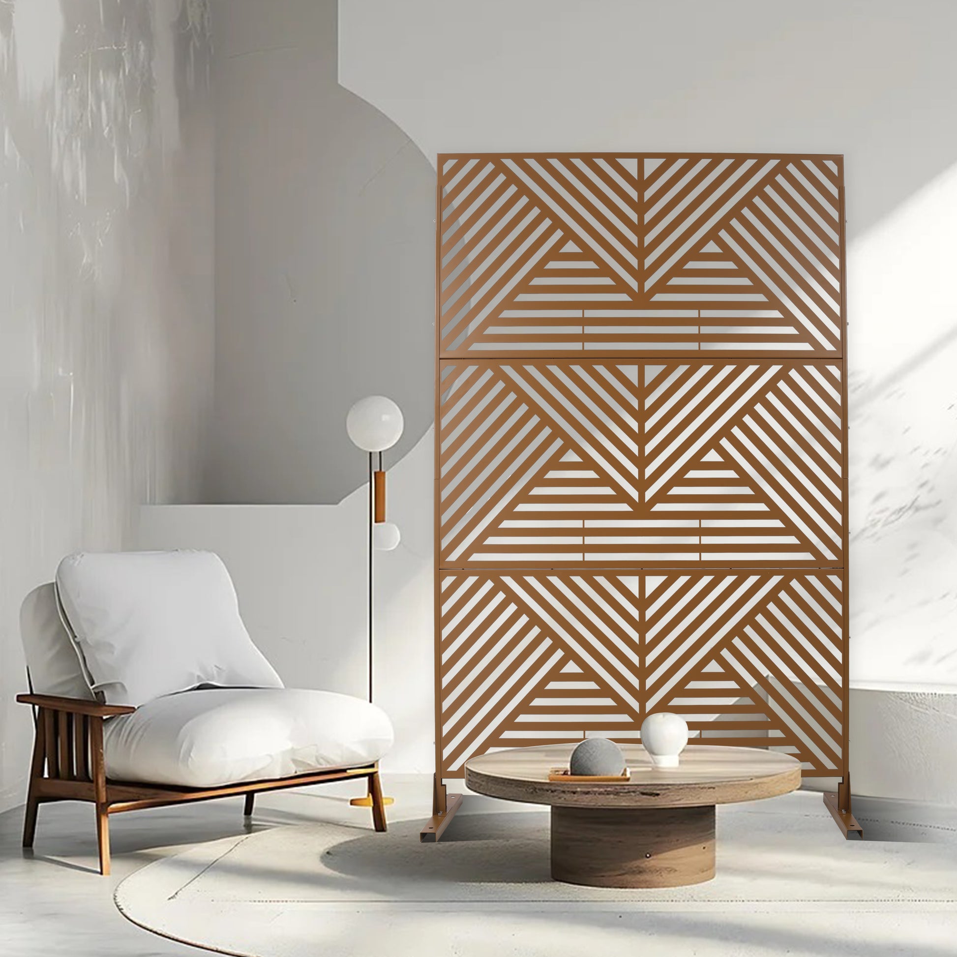 Bronze geometric room divider screen with modern wood furniture and decor