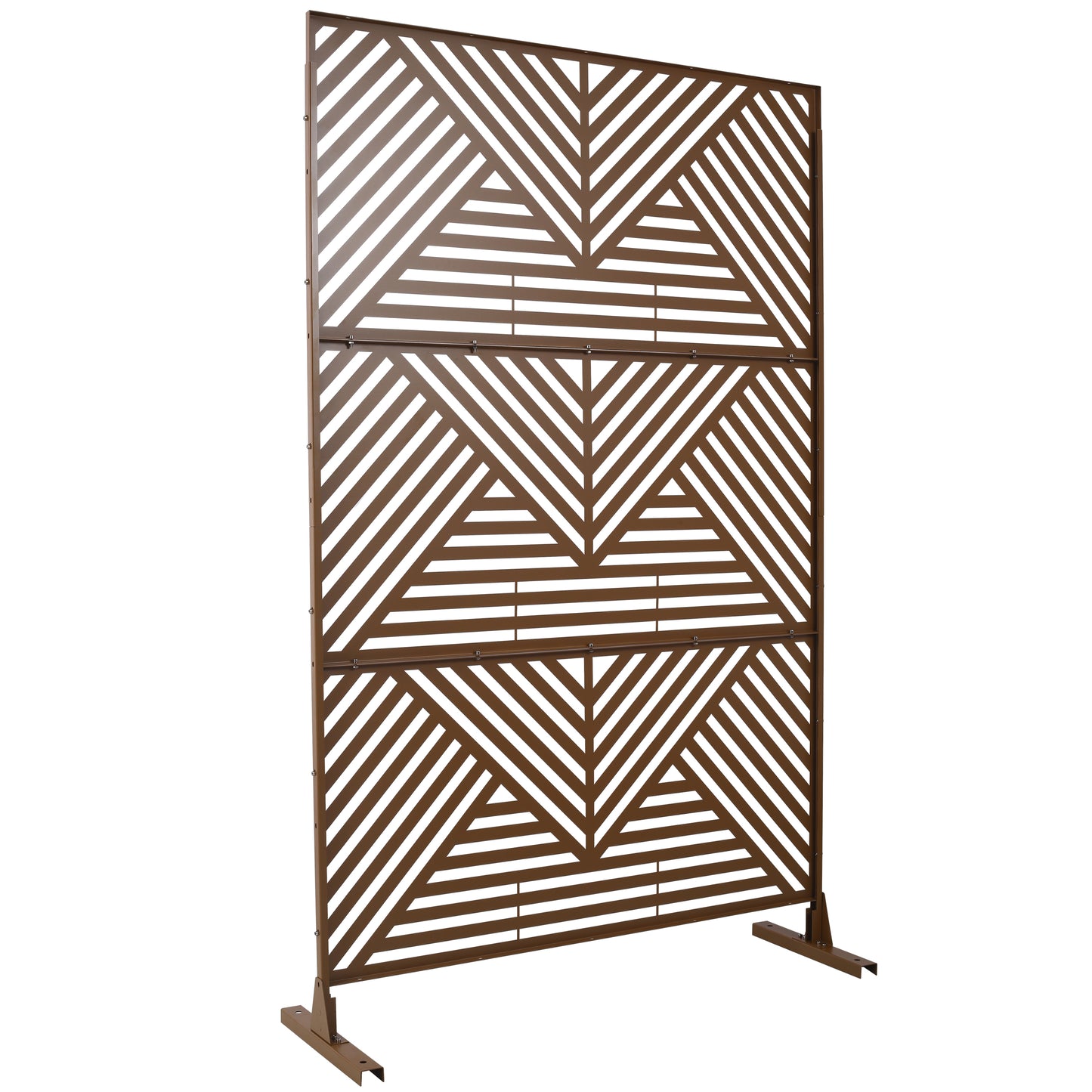 Bronze metal garden screen with geometric chevron pattern