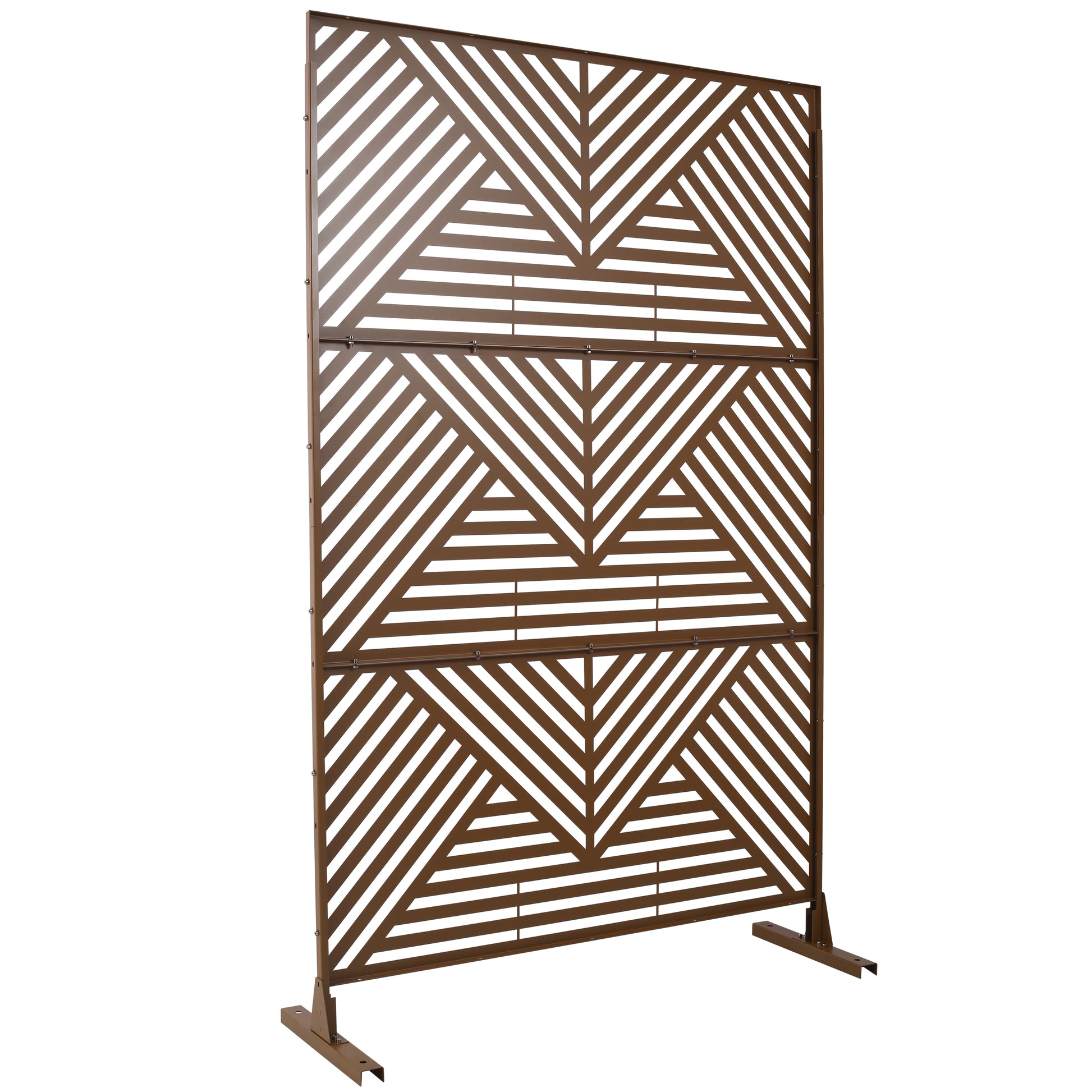 Bronze metal garden screen with geometric chevron pattern