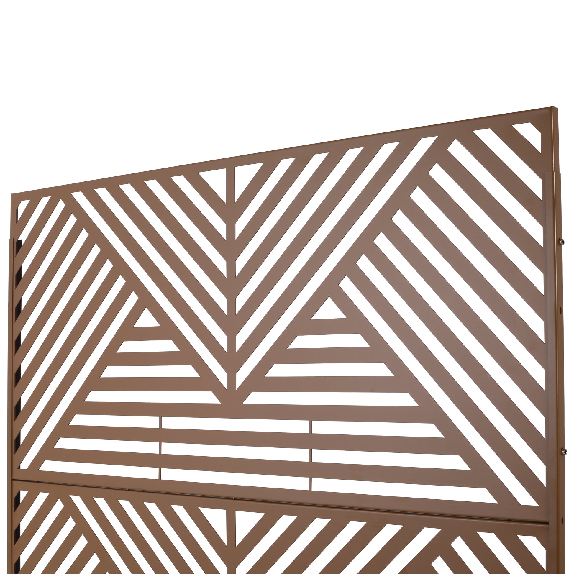 Brown metal garden fence panel with geometric pattern cutout