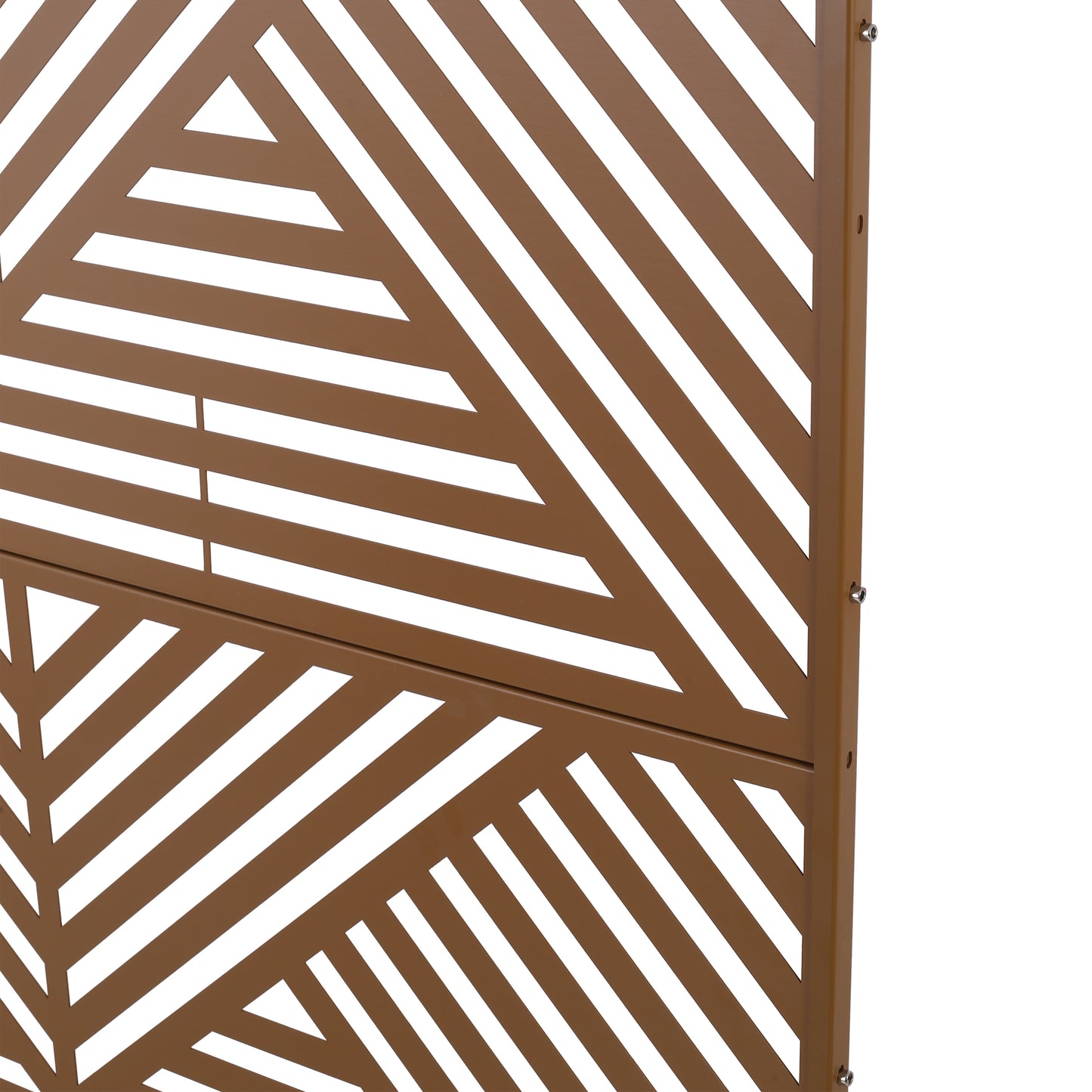 Bronze decorative screen panel with geometric white cutouts for garden privacy