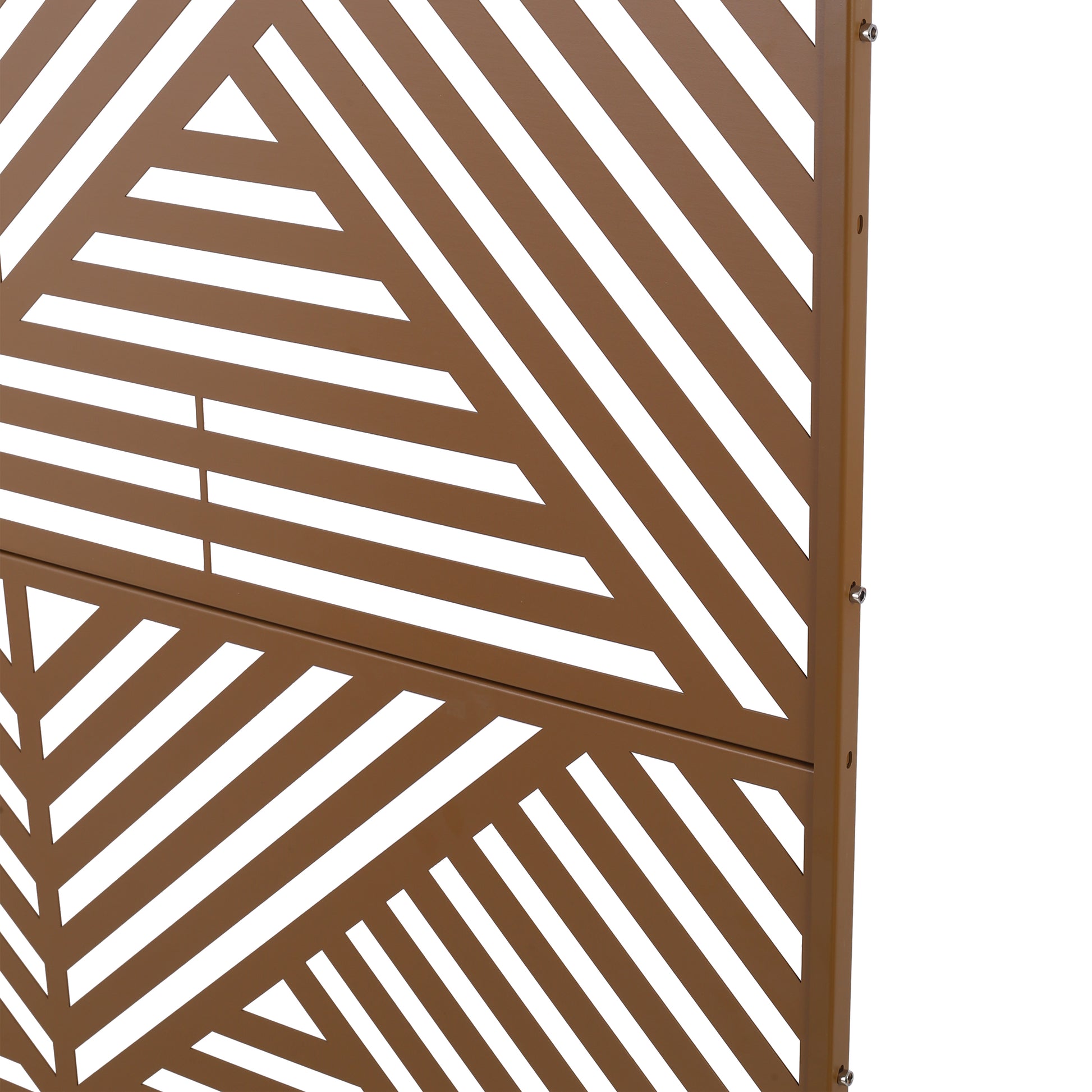 Bronze decorative screen panel with geometric white cutouts for garden privacy