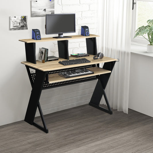 Oak and black metal computer desk with tiered shelves and pullout keyboard tray