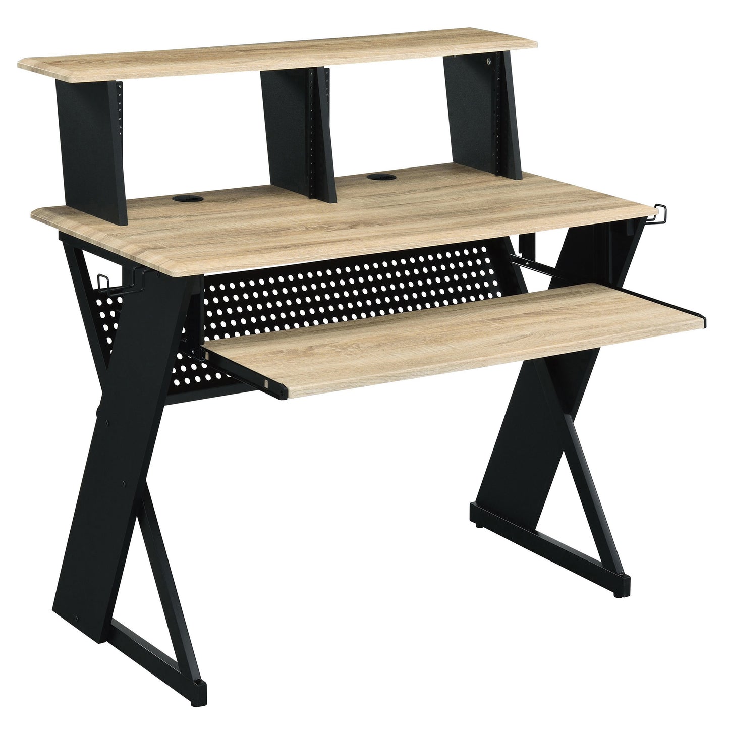 Oak finish computer desk with black metal frame and dual monitor shelf