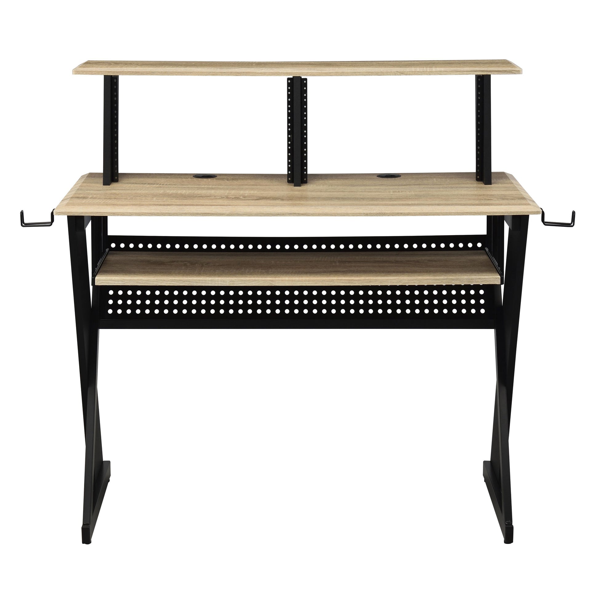 Wooden audio workstation desk with black metal frame and dual shelves