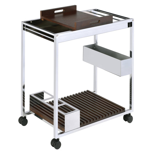 Chrome and dark wood bar cart with serving tray and wheels