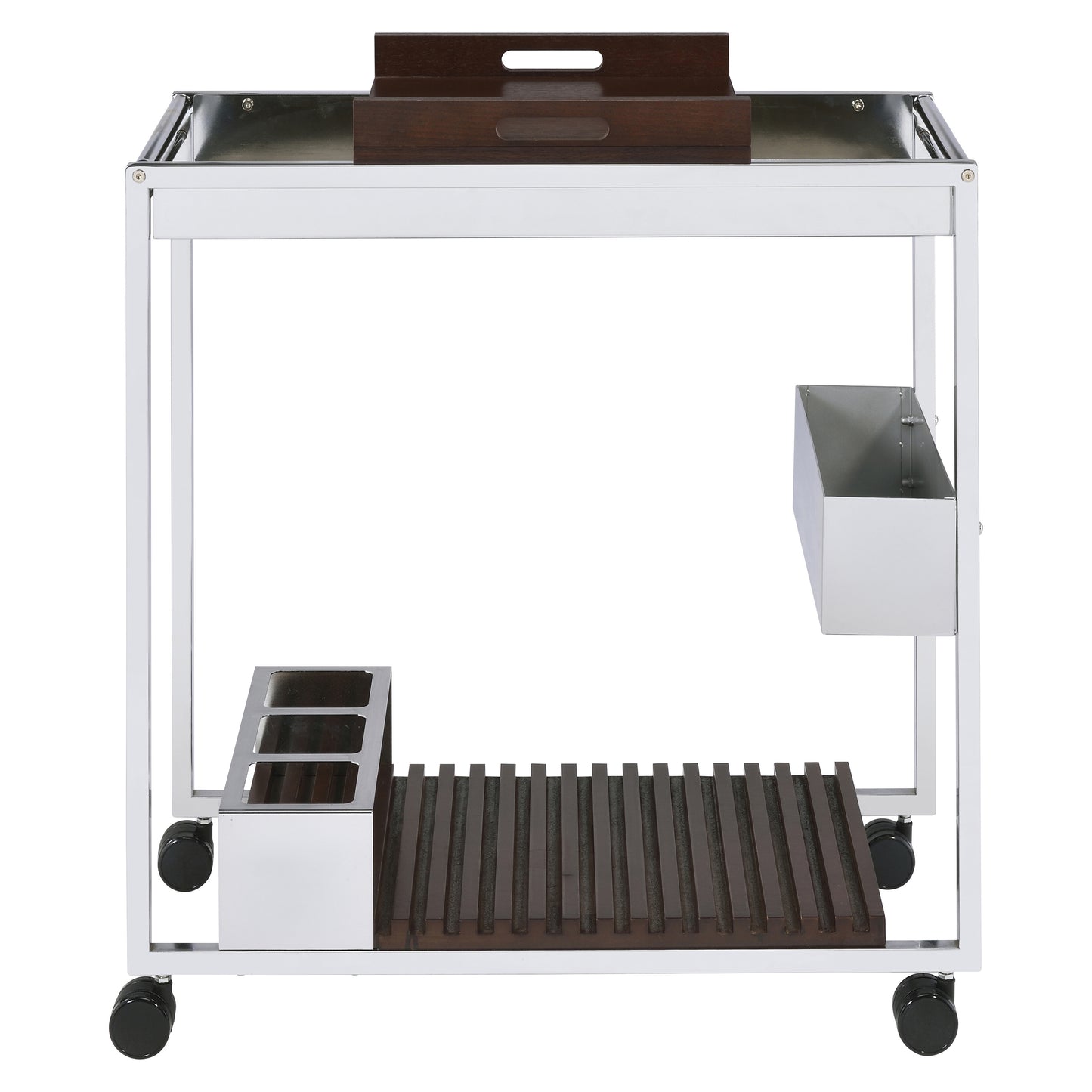 Chrome and wood bar cart with wheels featuring bottle holders and serving tray