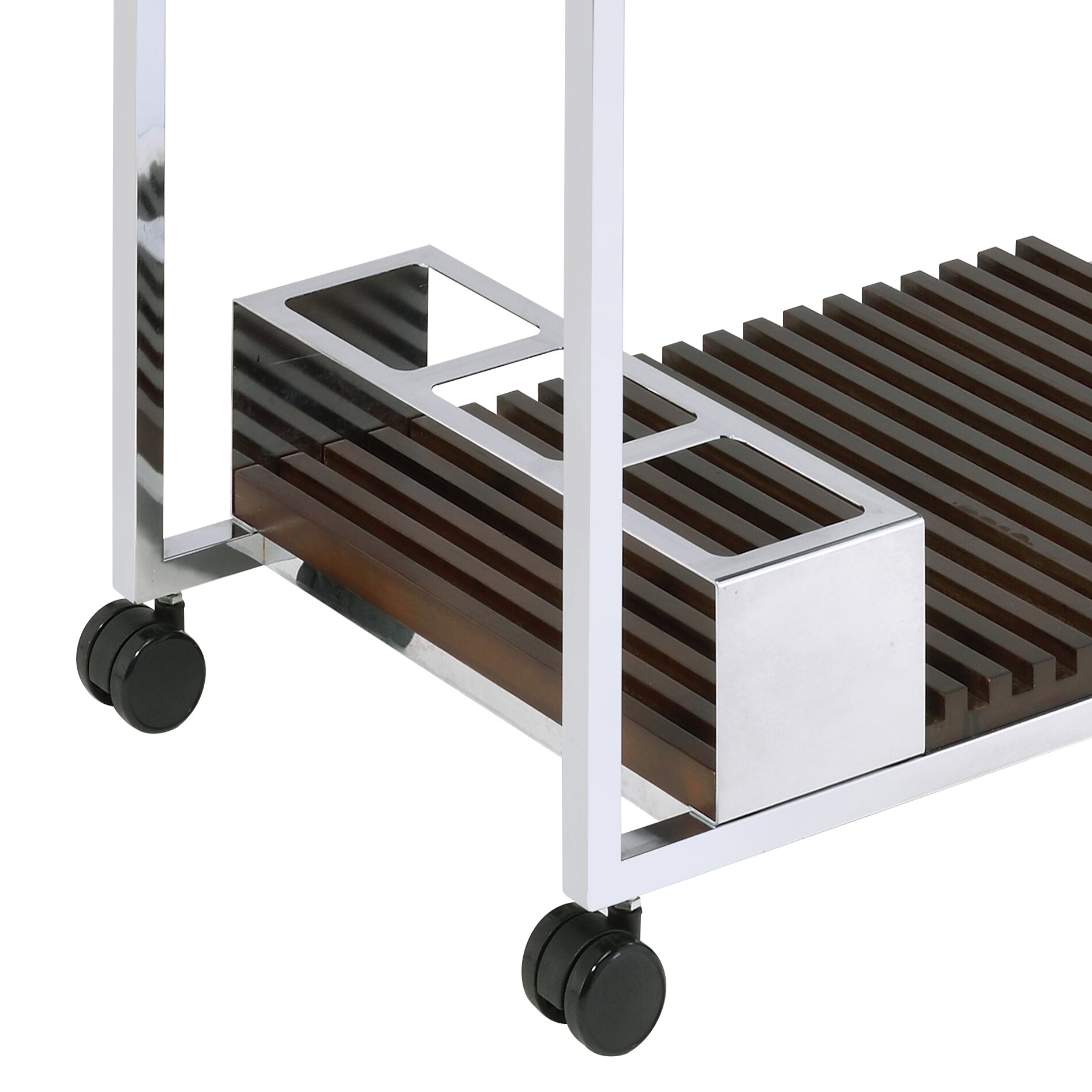 Modern bar cart with dark wood slats and chrome accents on wheels