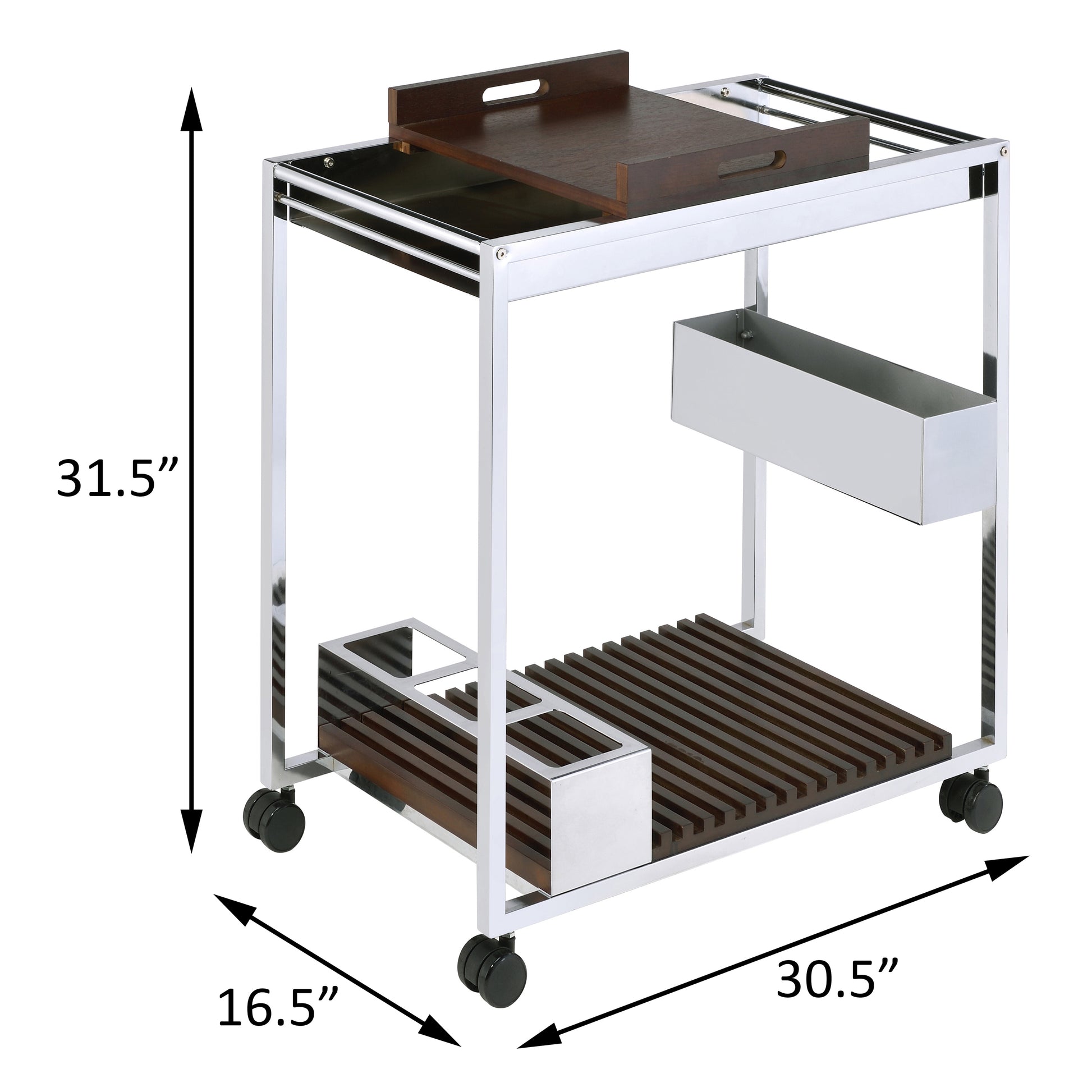 Modern bar cart with chrome frame walnut wood shelves and builtin ice bucket holder