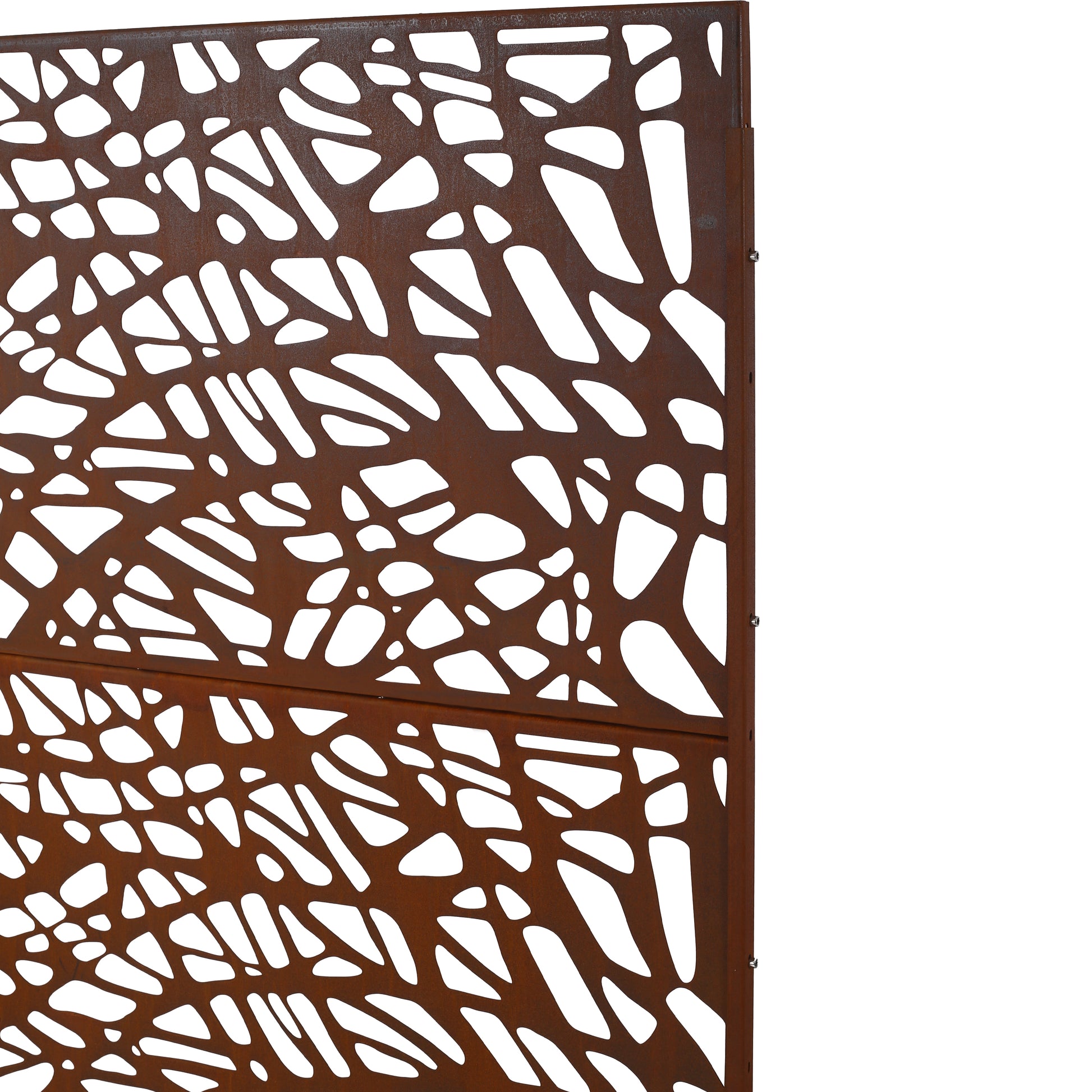 Rustic Corten steel decorative garden screen with organic cutouts for outdoor privacy