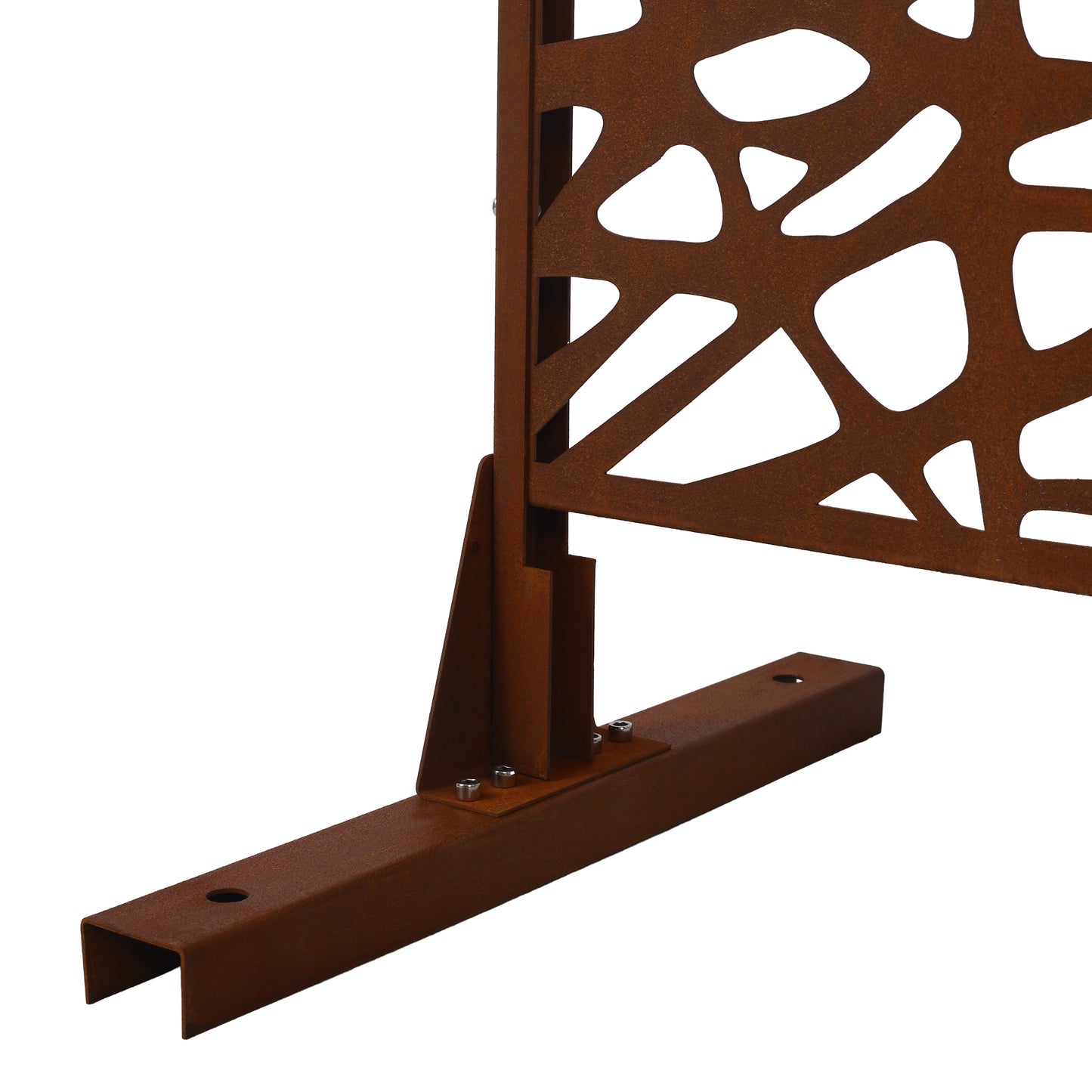 Rusted metal garden screen with abstract cutouts and mounting base