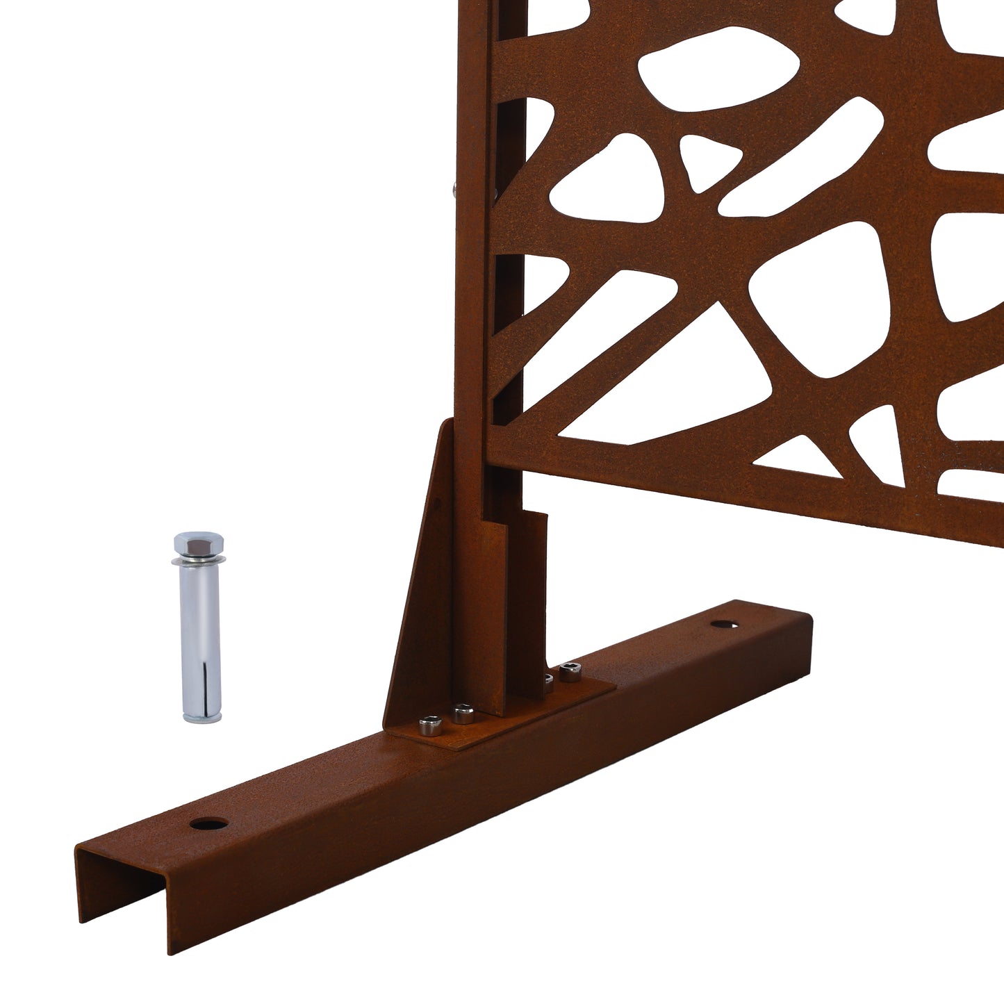 Corten steel garden screen with organic cutouts and ground anchoring hardware