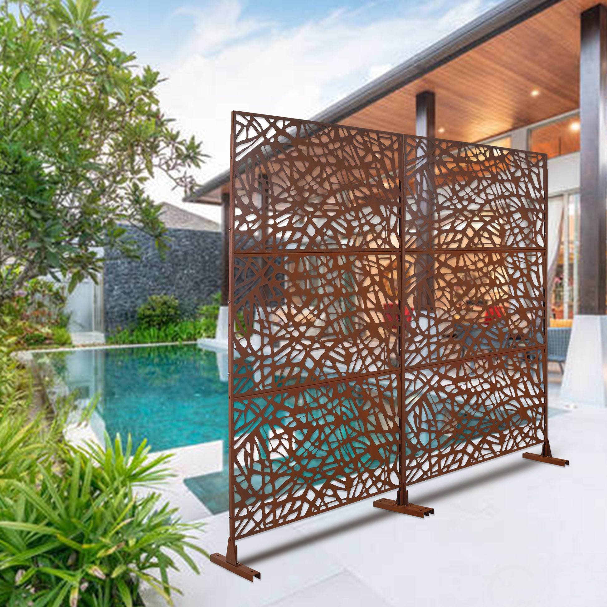 Rustic brown metal outdoor screen with abstract organic pattern perfect for garden privacy