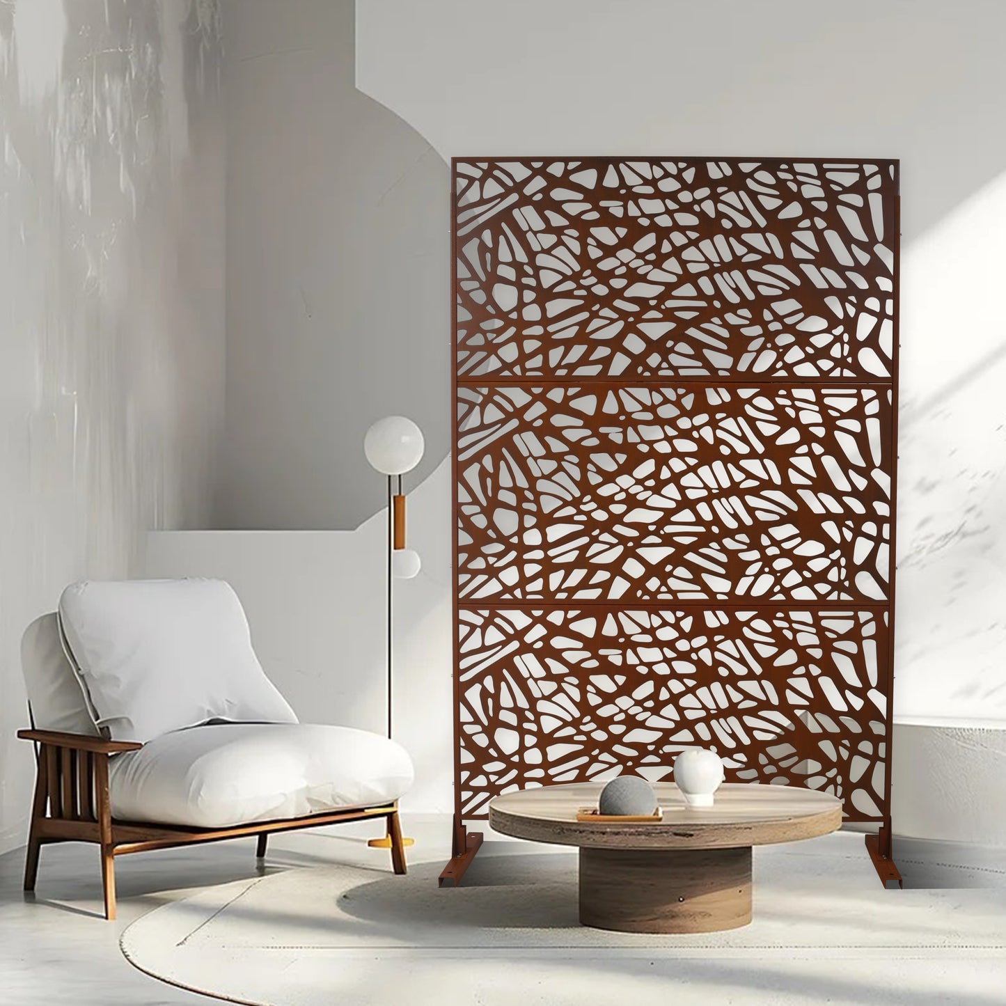 Decorative metal room divider with organic branch pattern in rust finish