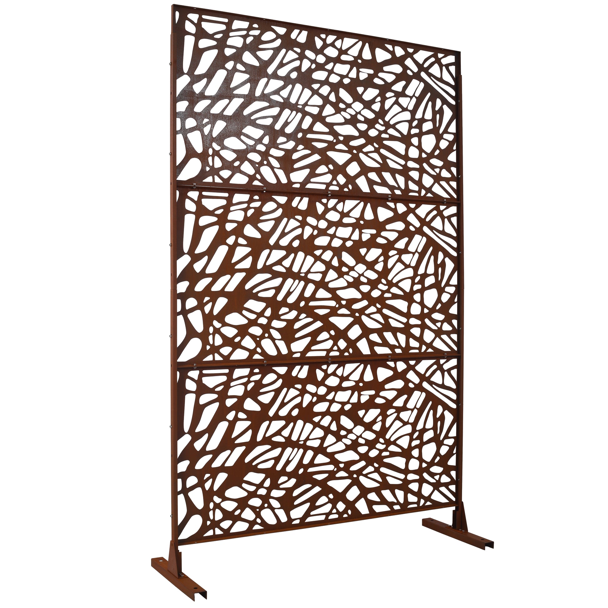 Rusty metal garden screen with abstract organic cutout pattern for privacy