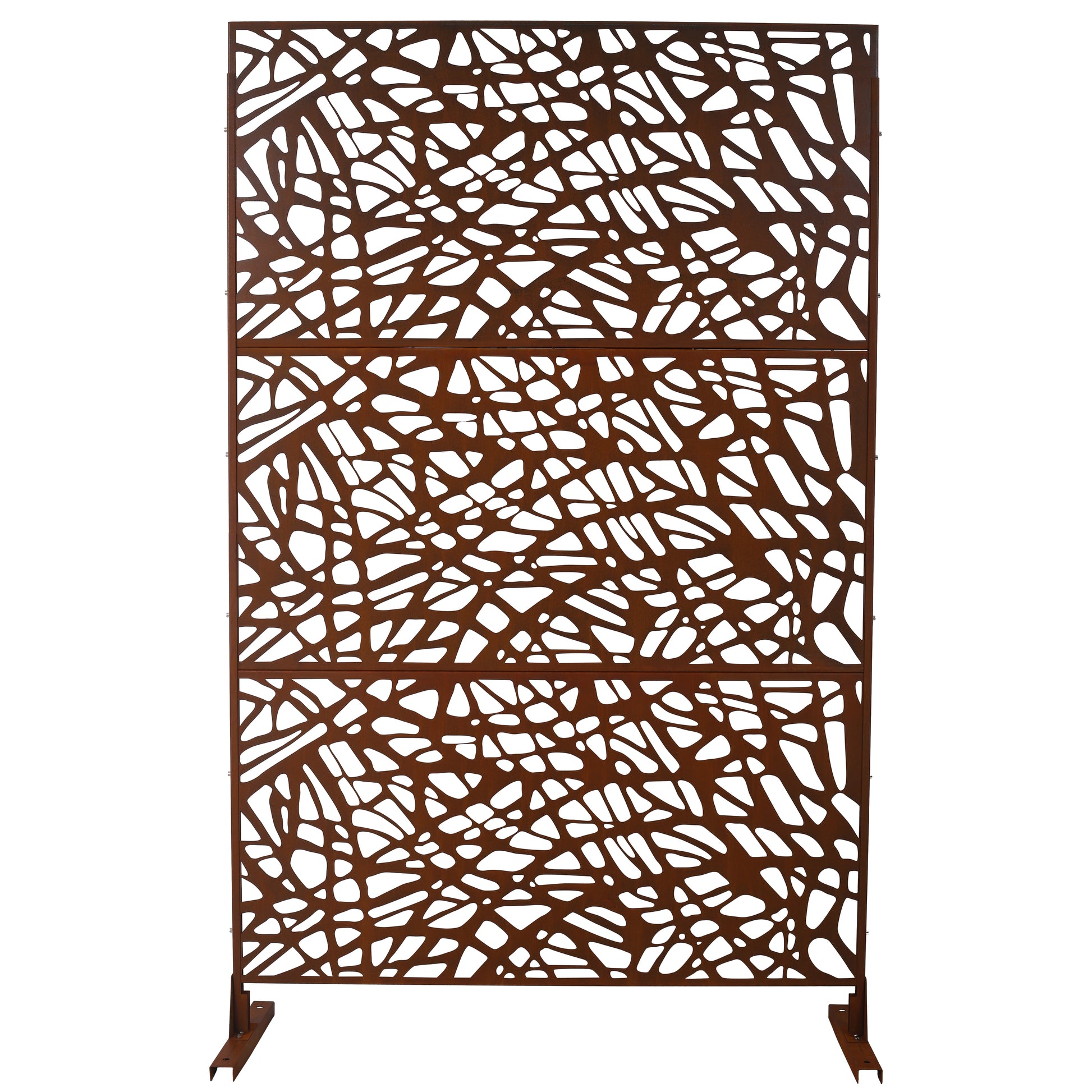 Rusty metal garden screen with abstract organic pattern perfect for outdoor privacy