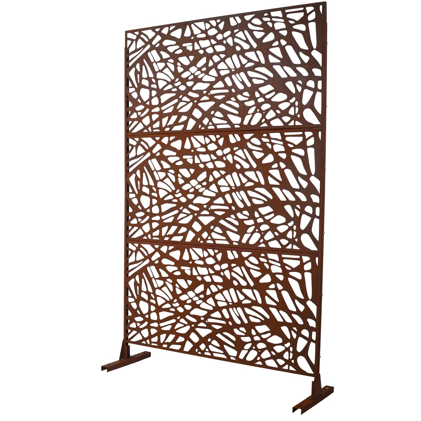 Rustic brown metal garden screen with an abstract organic cutout pattern