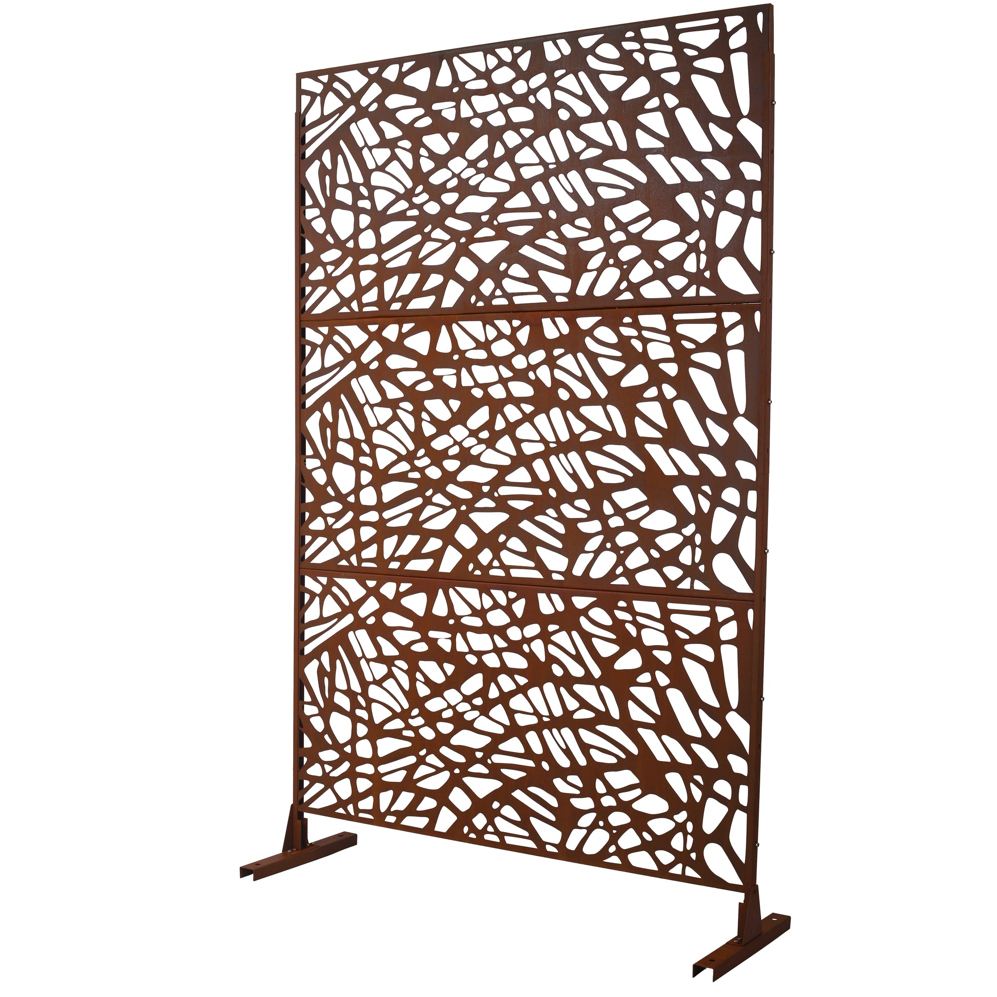 Rustic brown metal garden screen with an abstract organic cutout pattern