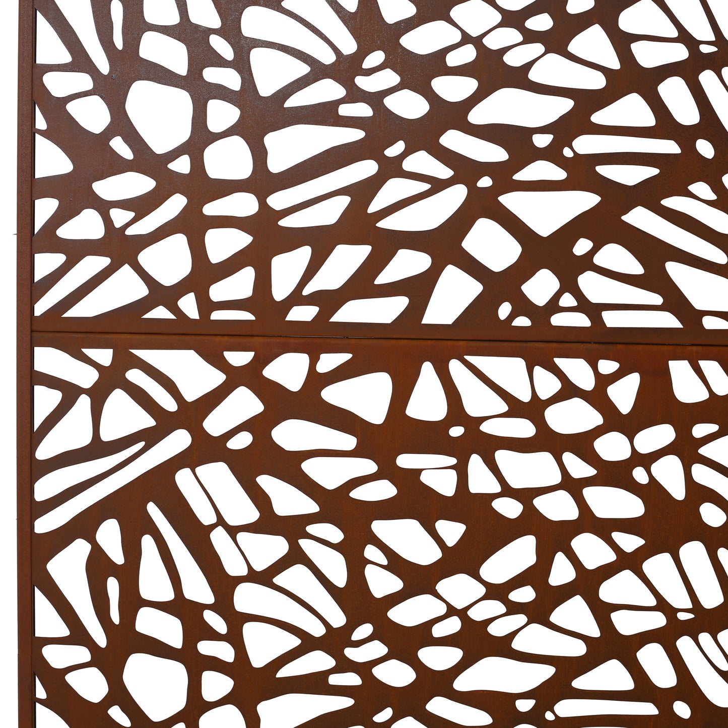 Rusted metal panel with abstract organic cutouts ideal for garden screens
