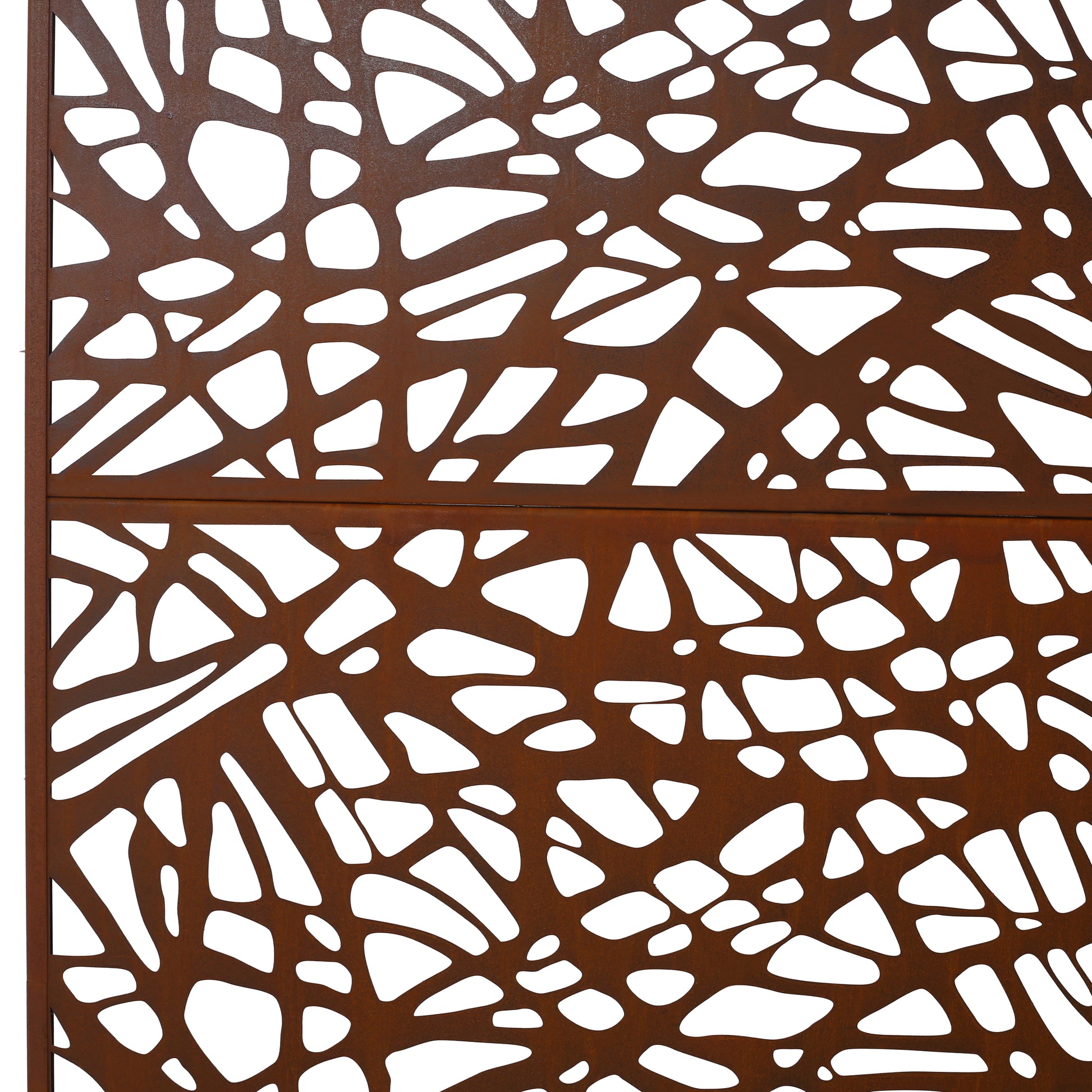 Rusted metal panel with abstract organic cutouts ideal for garden screens