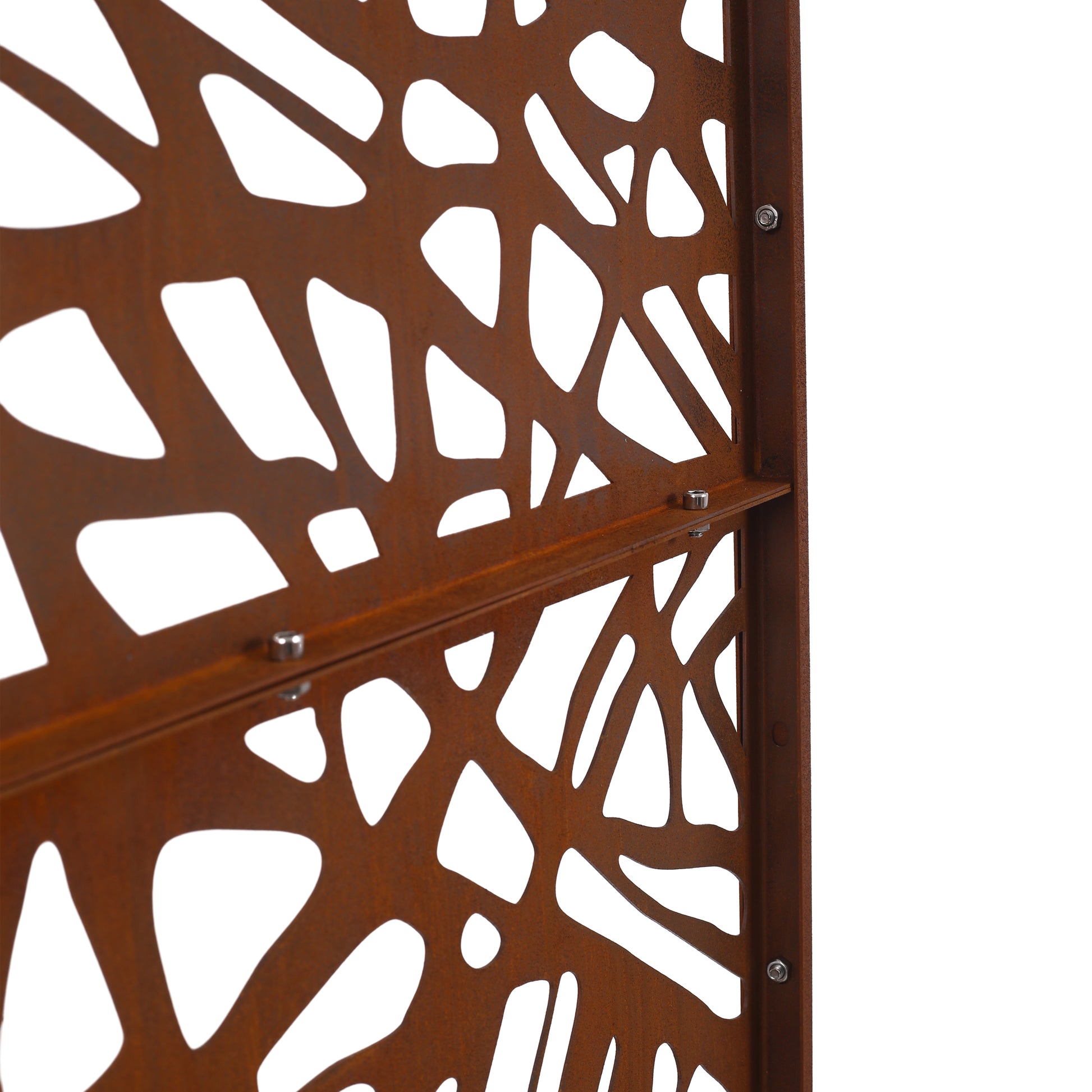 Rustic brown corten steel garden screen with organic cutout pattern