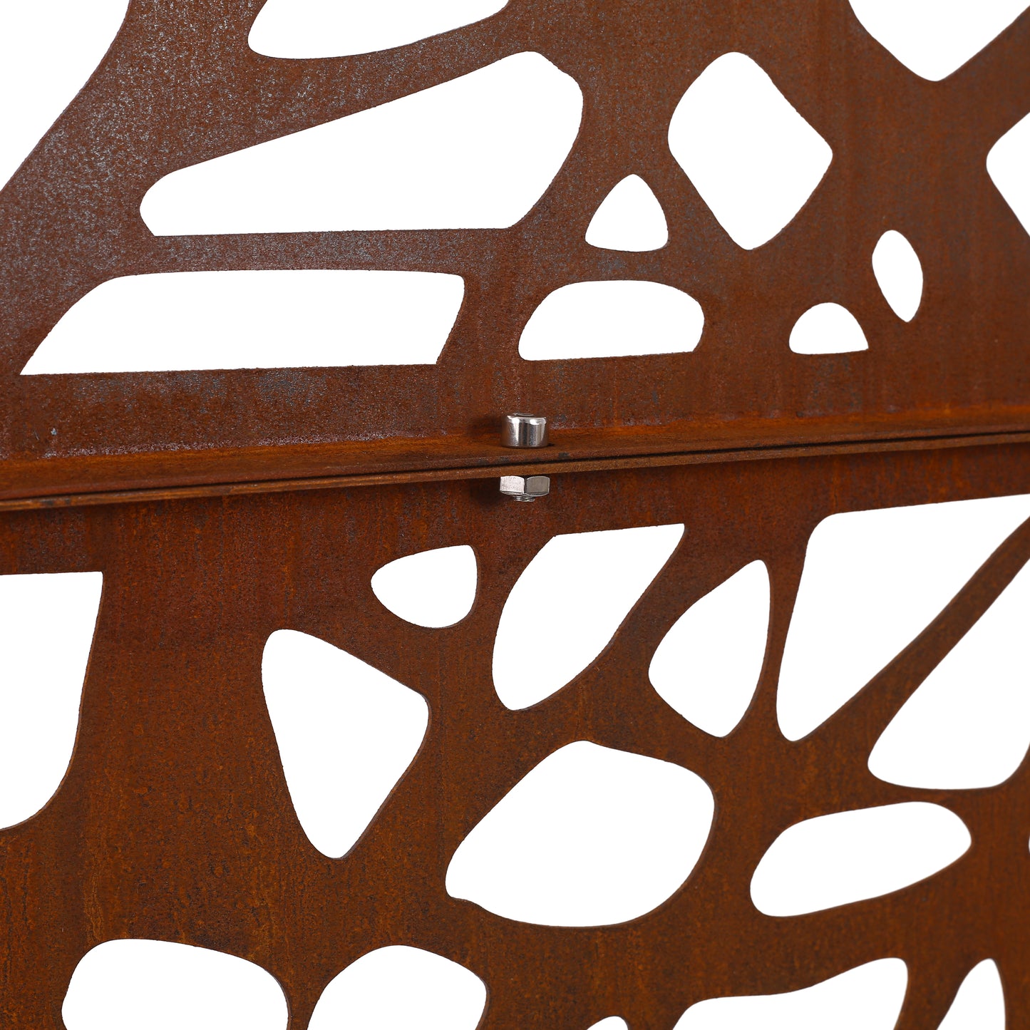 Rusty metal garden screen with abstract cutouts perfect for outdoor privacy