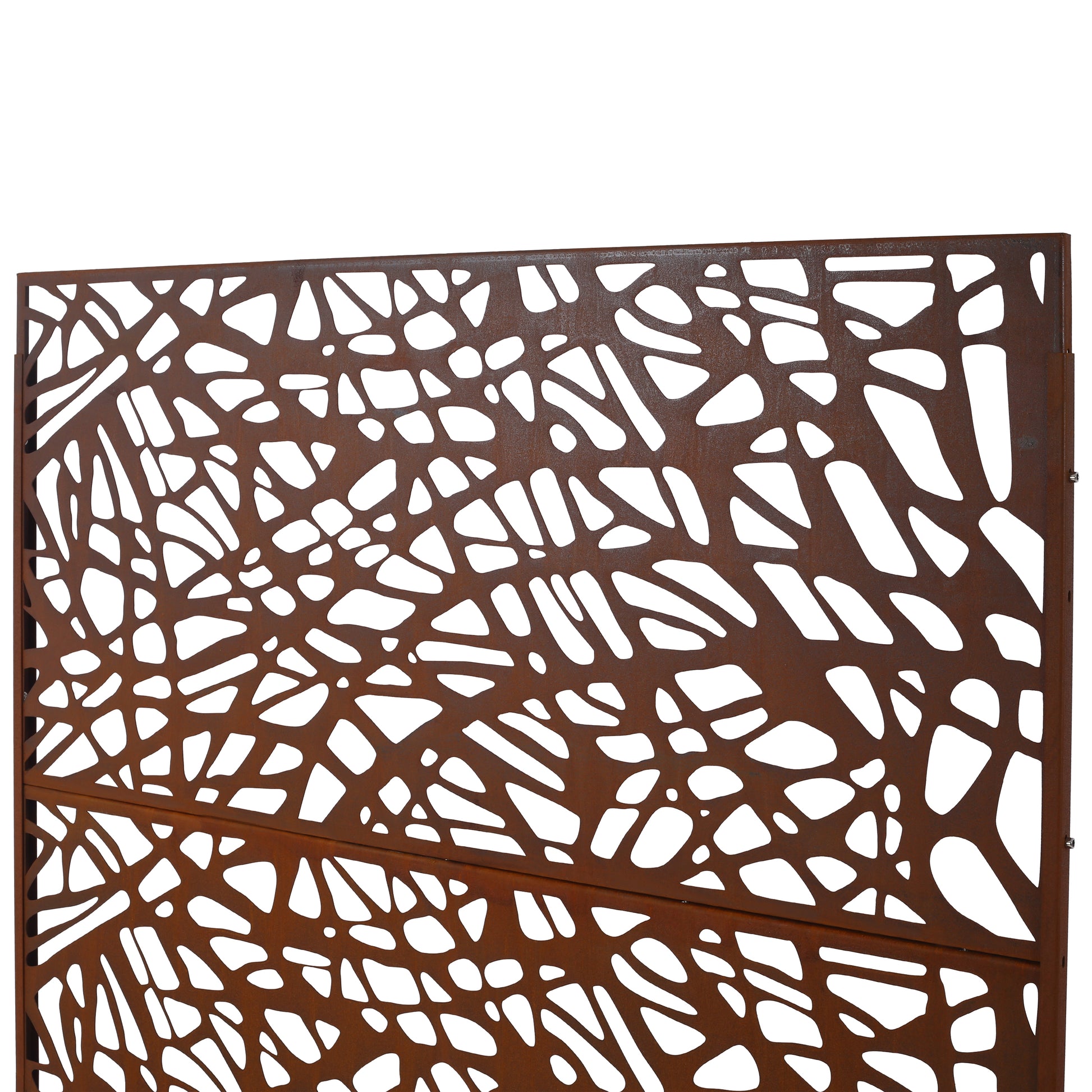 Rusted metal garden screen with organic cutout pattern