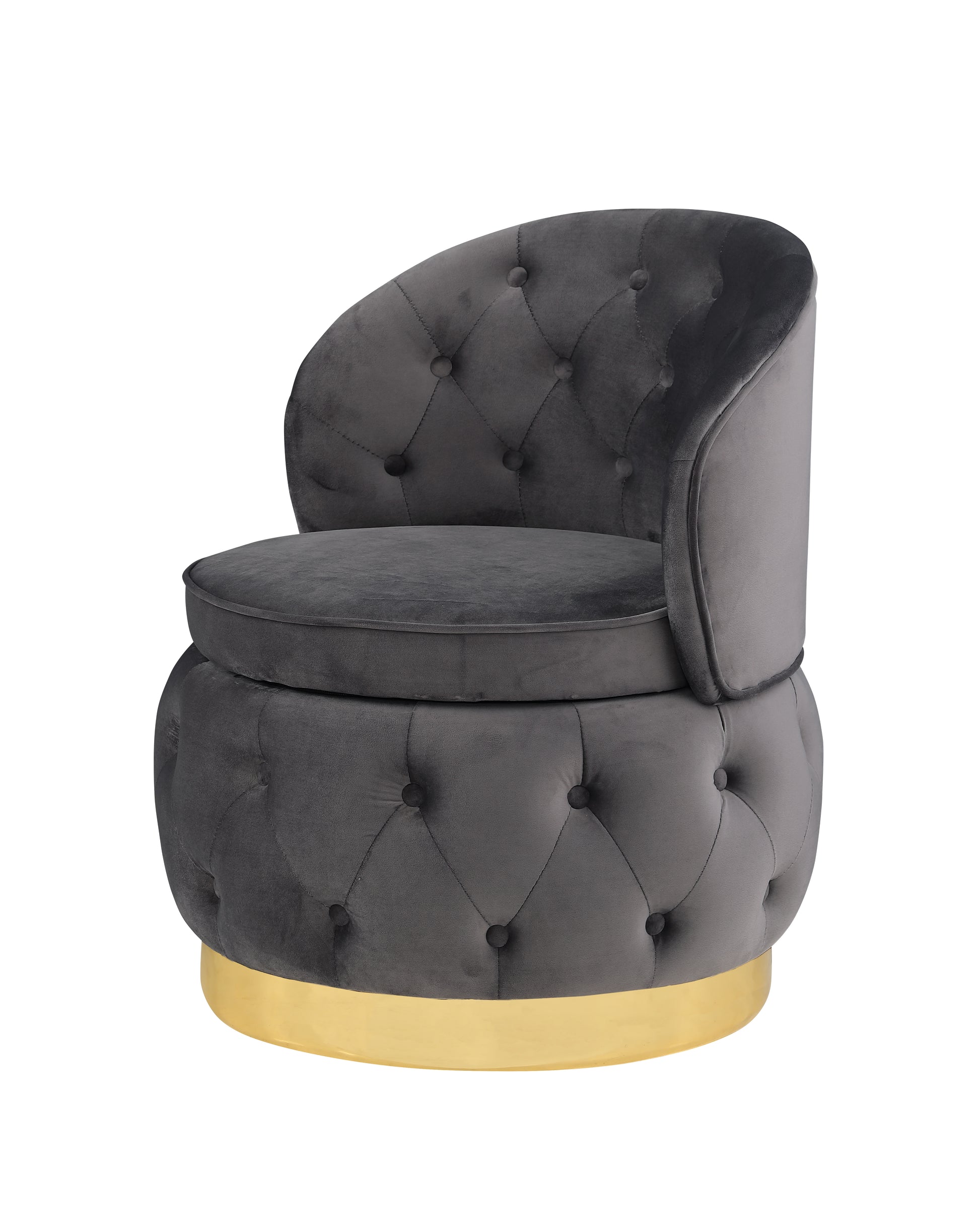 Tufted charcoal velvet armchair with a gold base perfect for a modern living room accent chair
