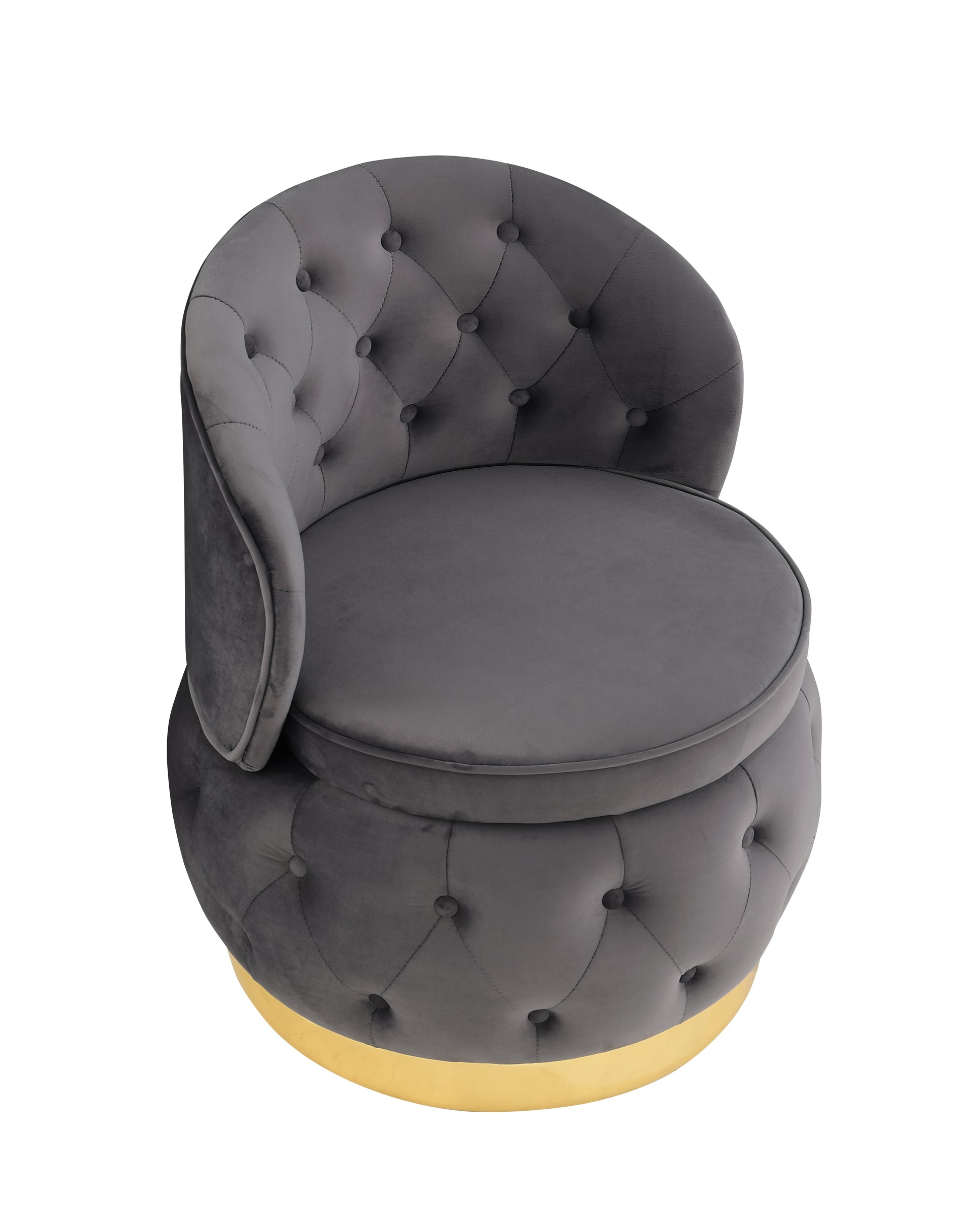Gray velvet accent chair with tufted design and gold base
