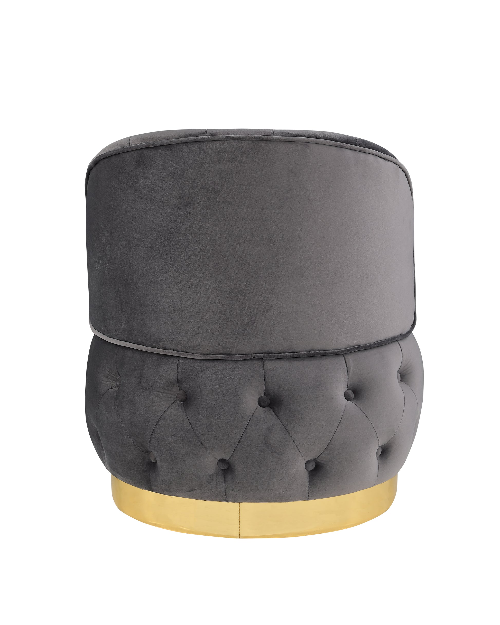 Dark grey velvet round ottoman with button tufting and gold base