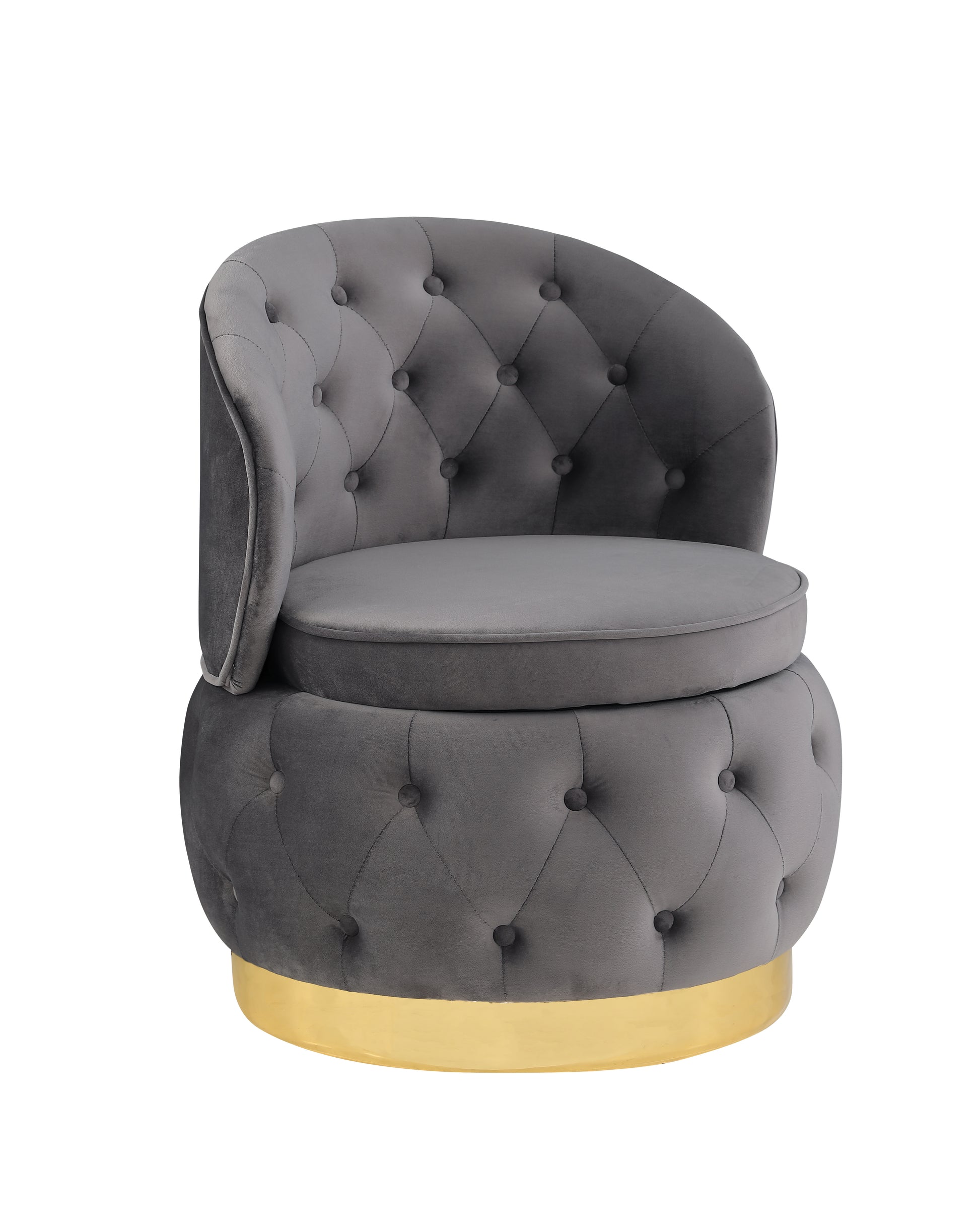 Grey velvet accent chair with tufted design and gold base