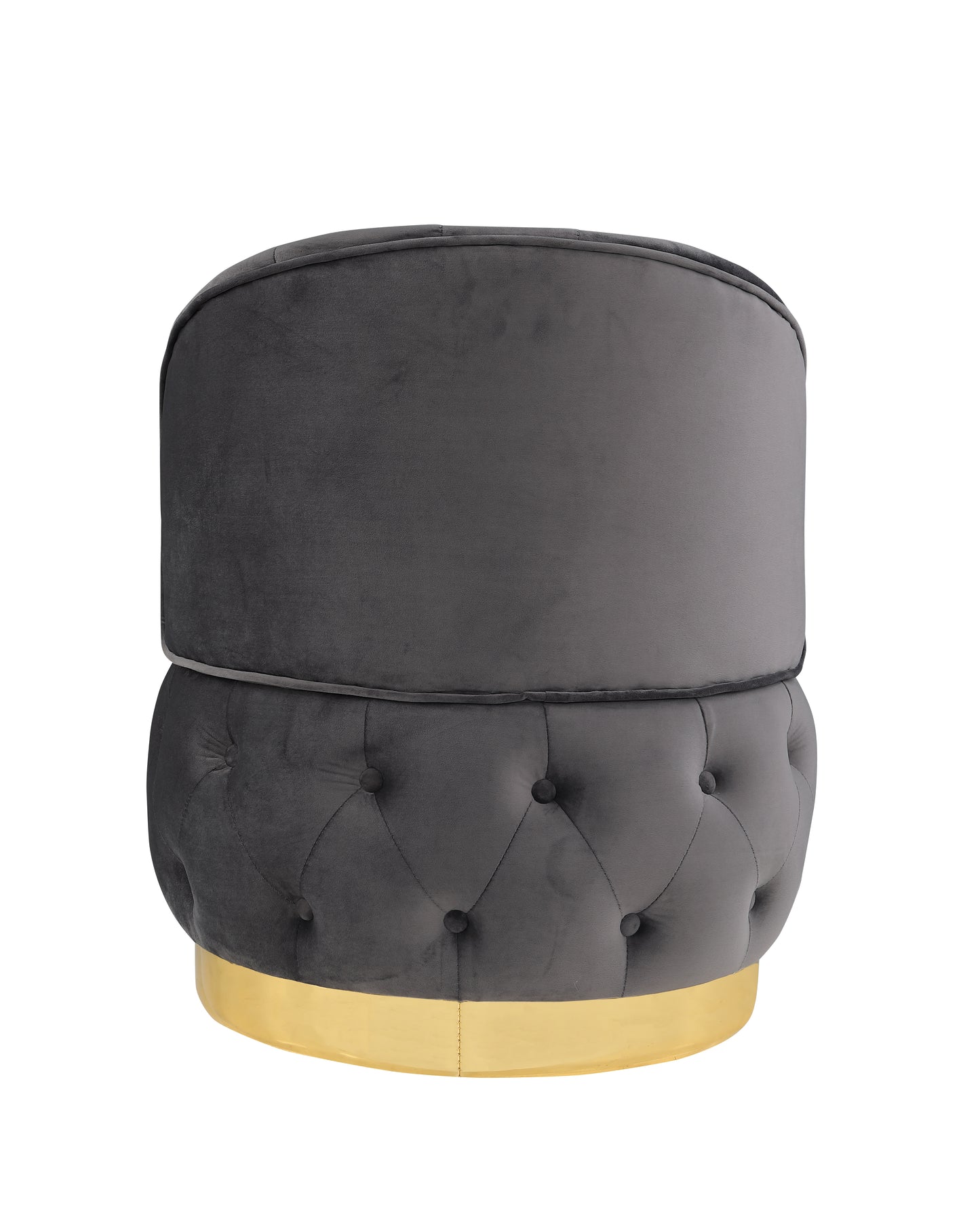 Dark grey velvet ottoman with tufted details and a polished gold base