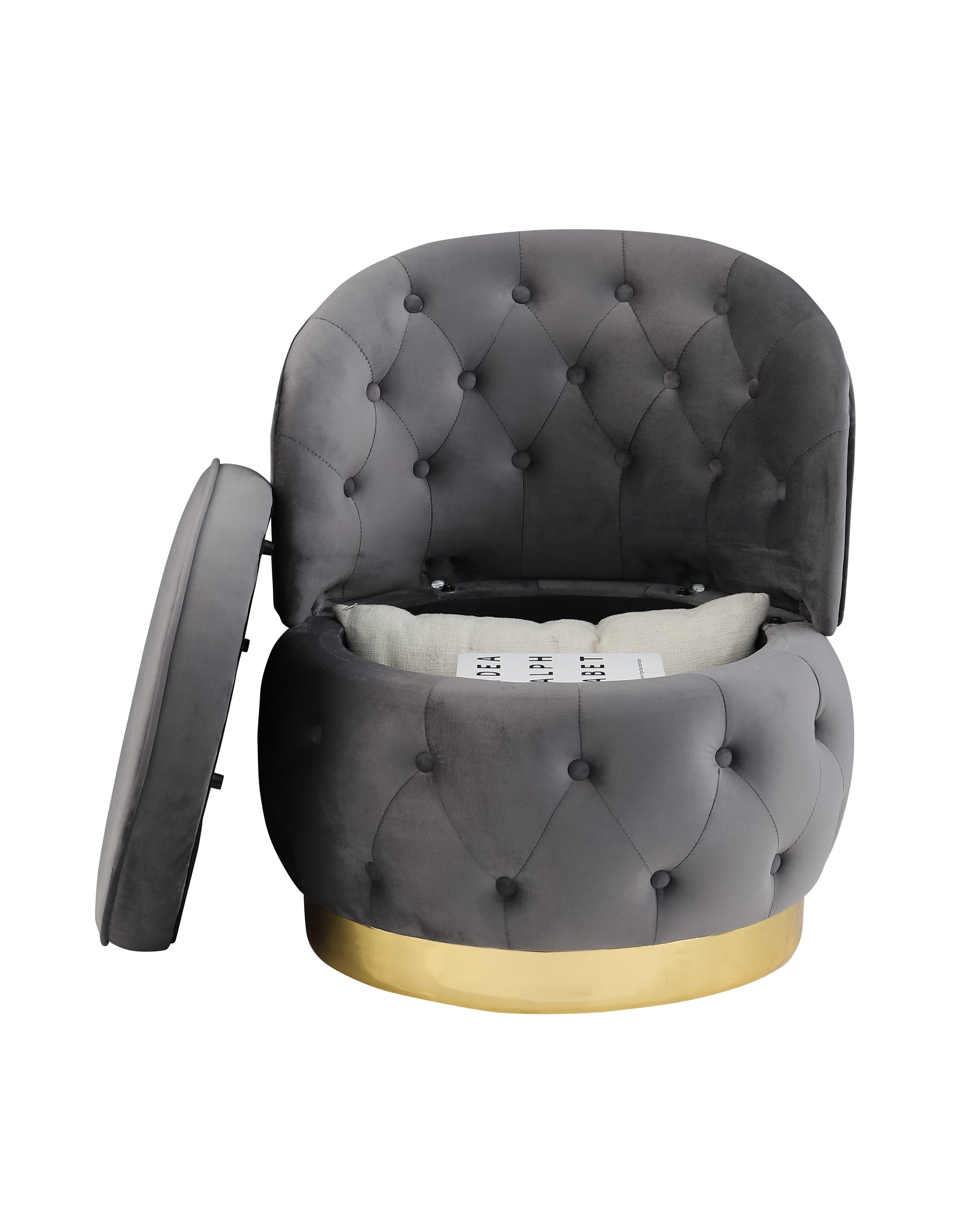 Tufted grey velvet storage ottoman with gold base and open lid revealing interior